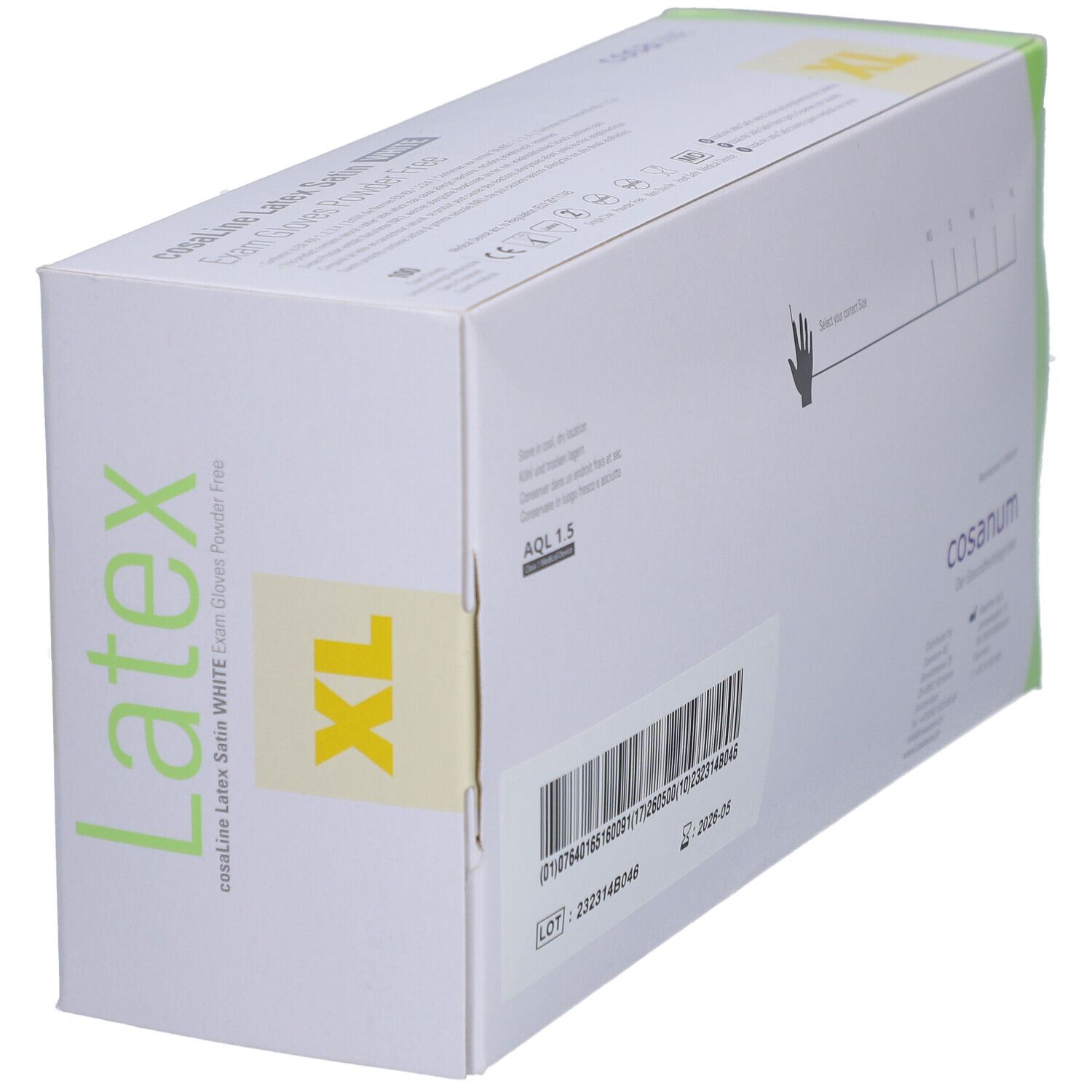 Schräg gestellte Verpackung cosaLine Latex Satin WHITE Untersuchungshandschuhe, Größe XL. Barcode.