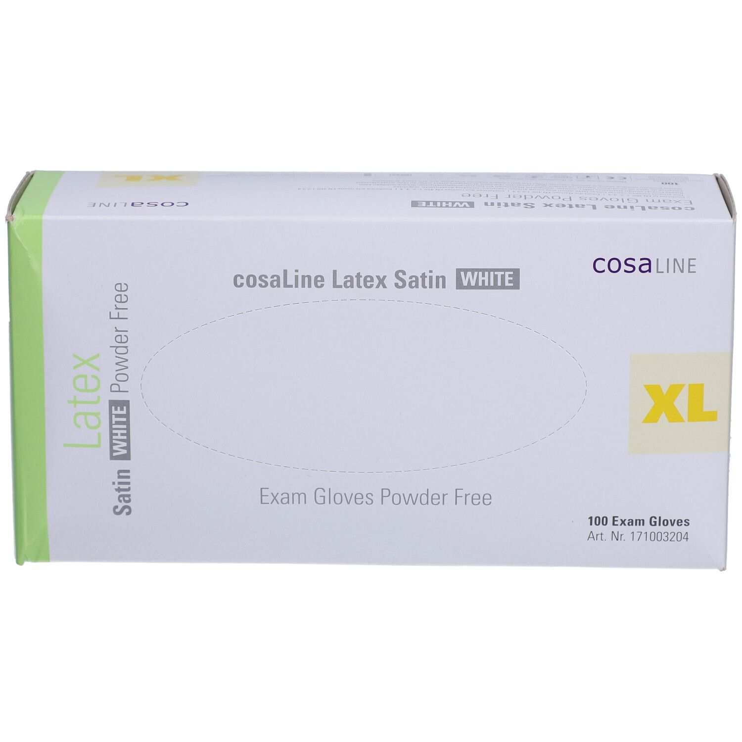 Verpackung cosaLine Latex Satin WHITE Untersuchungshandschuhe, Größe XL. 100 Stück. Puderfrei.