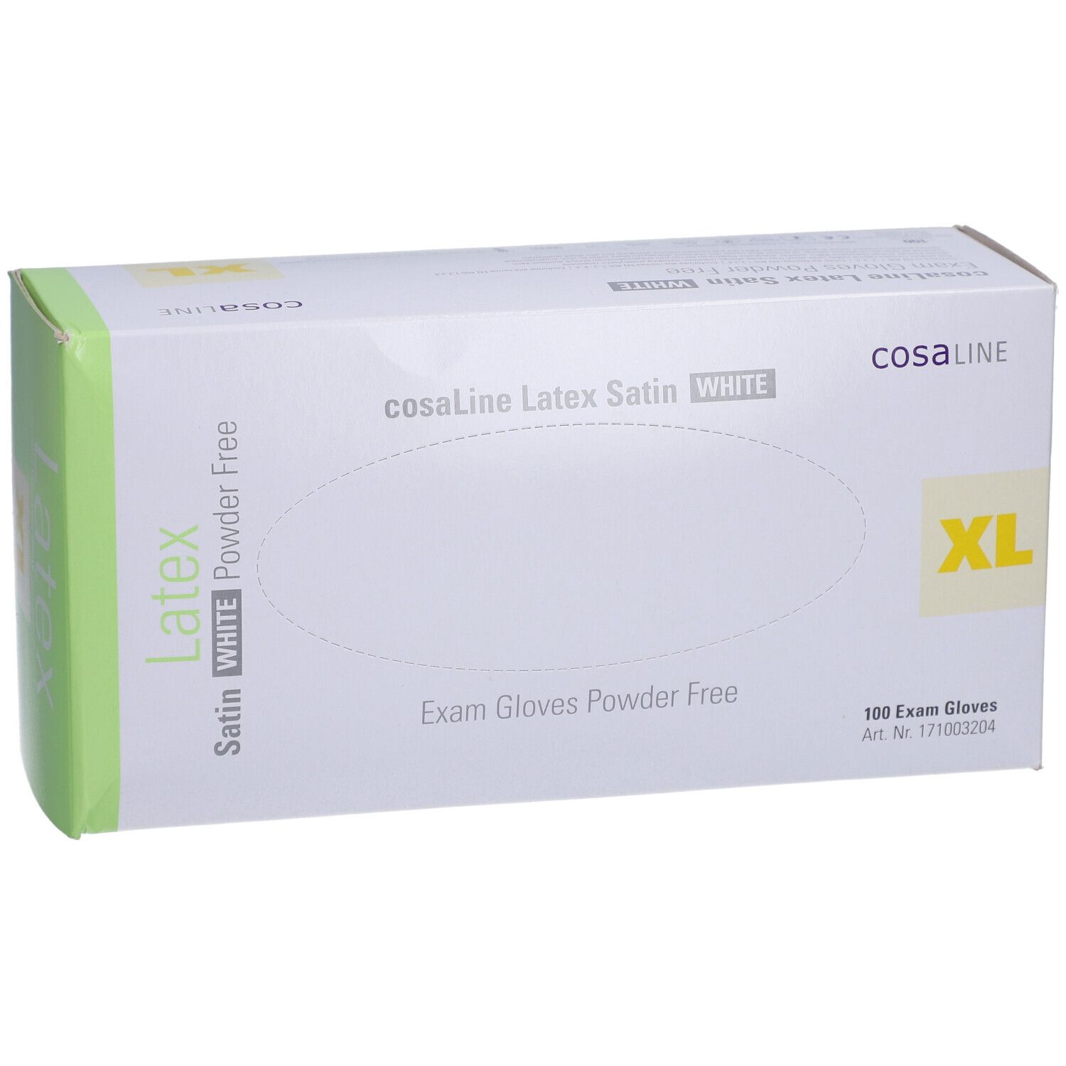 Verpackung cosaLine Latex Satin WHITE Untersuchungshandschuhe, Größe XL. 100 Stück. Puderfrei.