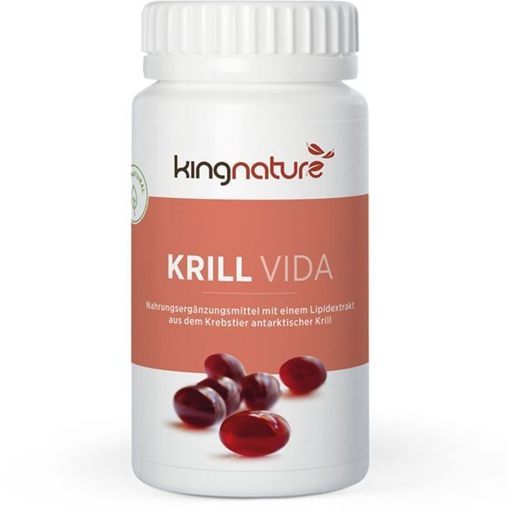 Weiße Flasche mit rotem Etikett. Aufschrift: Kingnature Krill Vida. Darunter rote Kapseln.