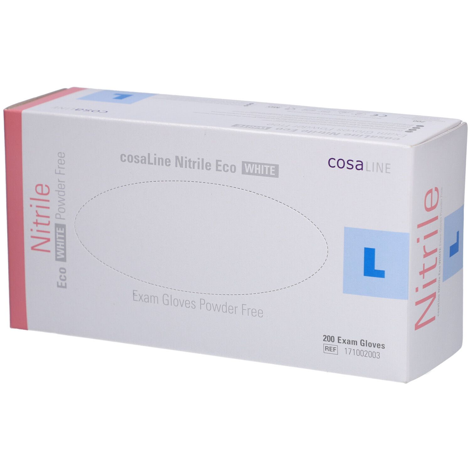 Boîte de gants d'examen cosaLine Nitrile Eco WHITE, taille L. 200 pièces. Sans poudre.