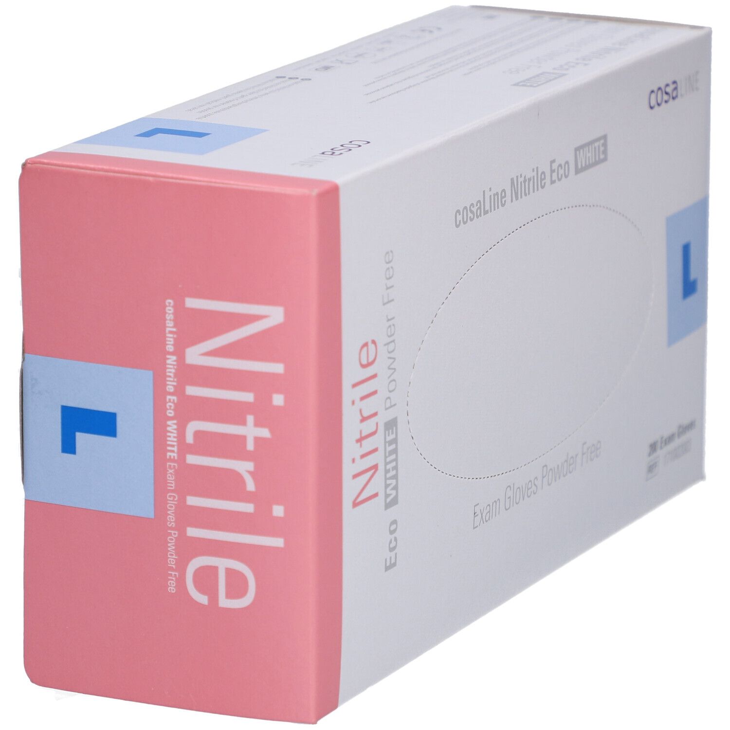 Boîte de gants d'examen cosaLine Nitrile Eco WHITE, taille L. Vue latérale.