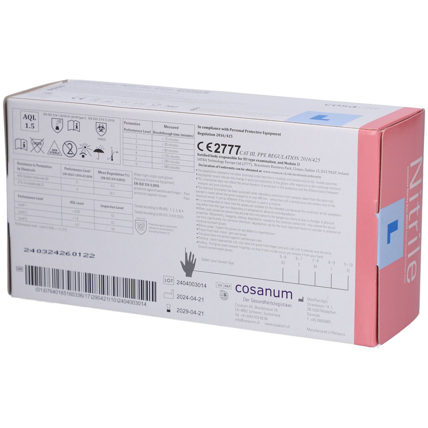 Dos de la boîte de gants cosaLine Nitrile Eco WHITE. Informations, marquage CE, numéro de lot.