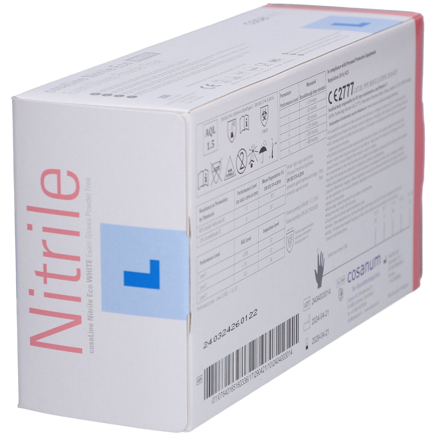 Vue latérale de la boîte de gants cosaLine Nitrile Eco WHITE. Informations, marquage CE.