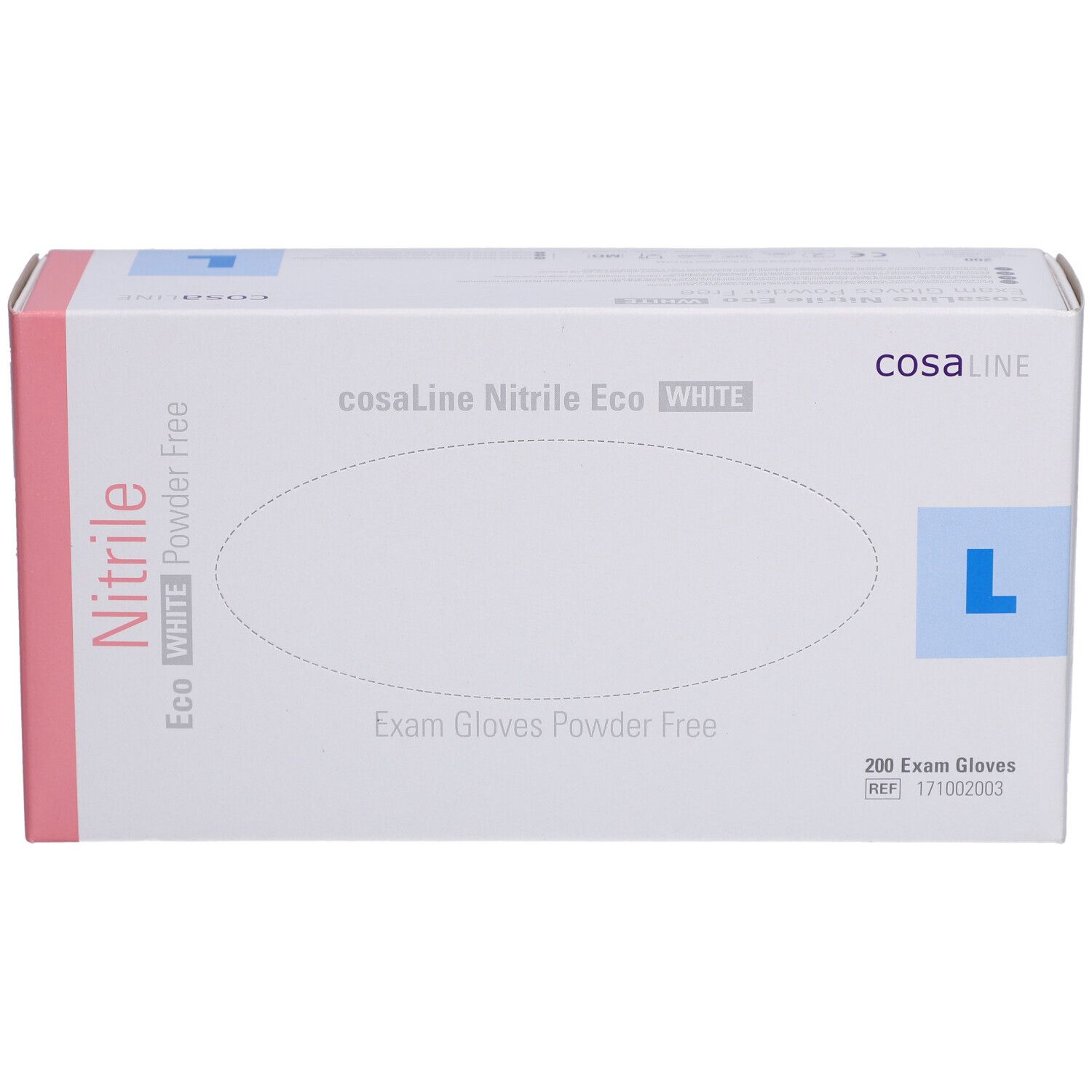 Boîte de gants d'examen cosaLine Nitrile Eco WHITE, taille L. 200 pièces. Sans poudre.