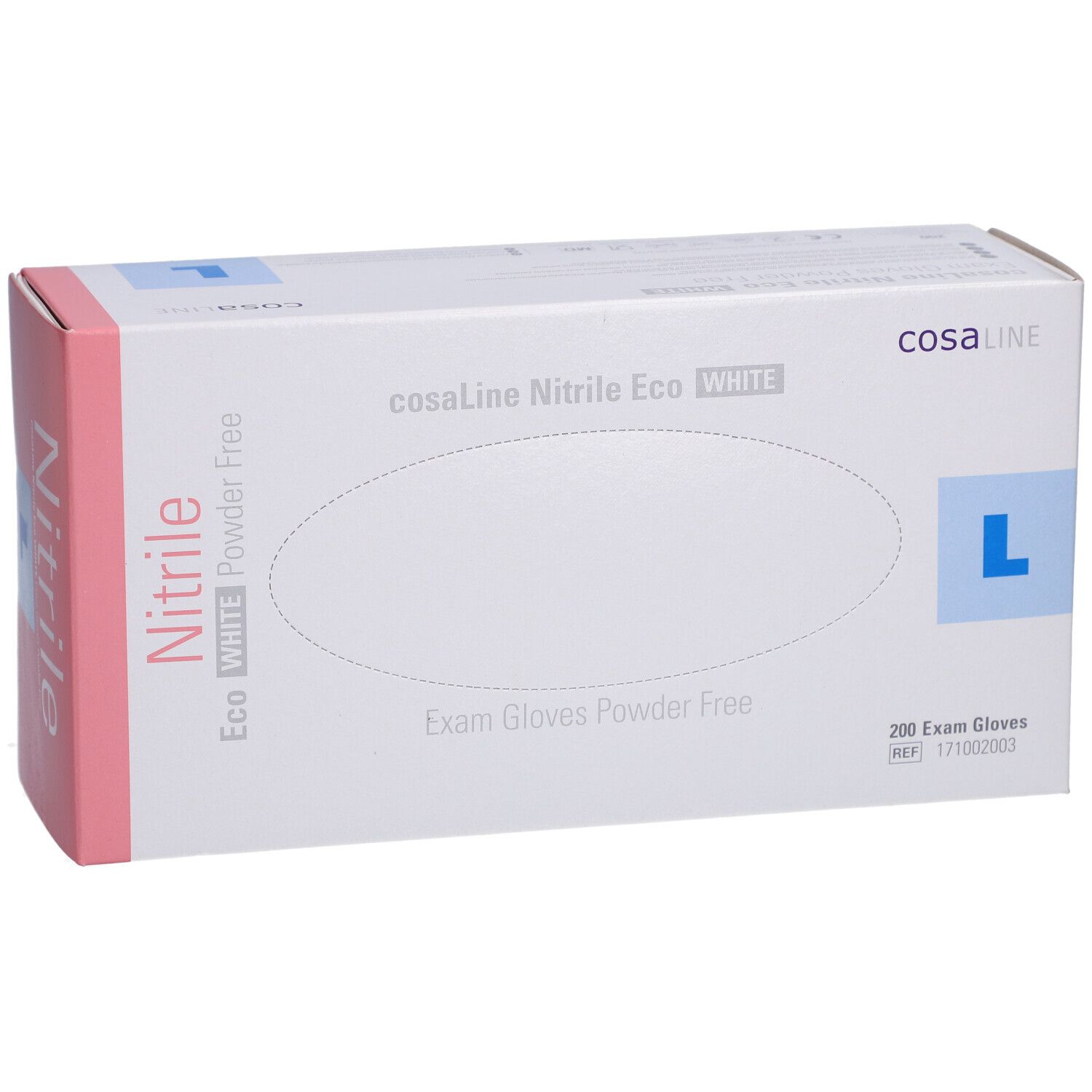 Boîte de gants d'examen cosaLine Nitrile Eco WHITE, taille L. 200 pièces. Sans poudre.