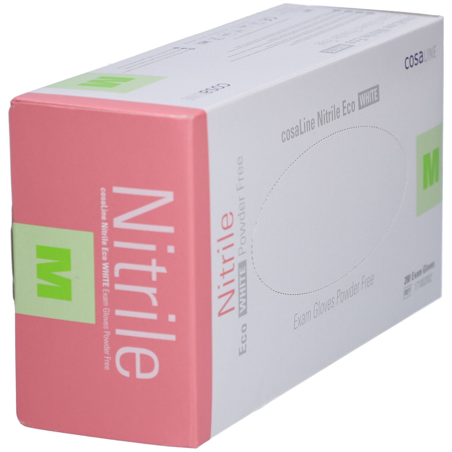Karton cosaLine Nitril Eco White Untersuchungshandschuhe. Größe M. Rosa Seiten. Aufdruck: Nitrile, Exam Gloves.