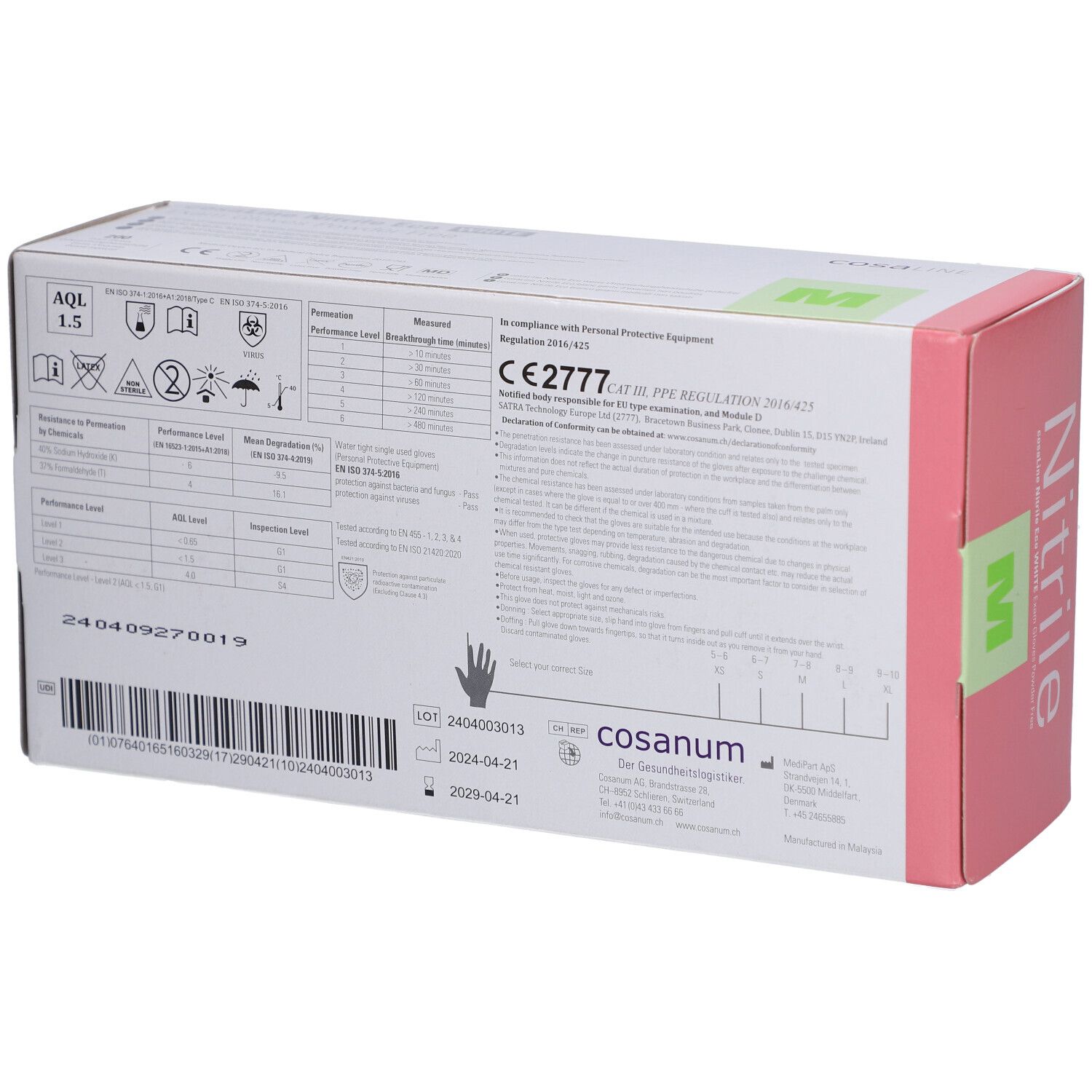 Rückseite der cosaLine Nitril Eco White Handschuhbox. Informationen, CE-Kennzeichnung, Chargennummer, Verfallsdatum.