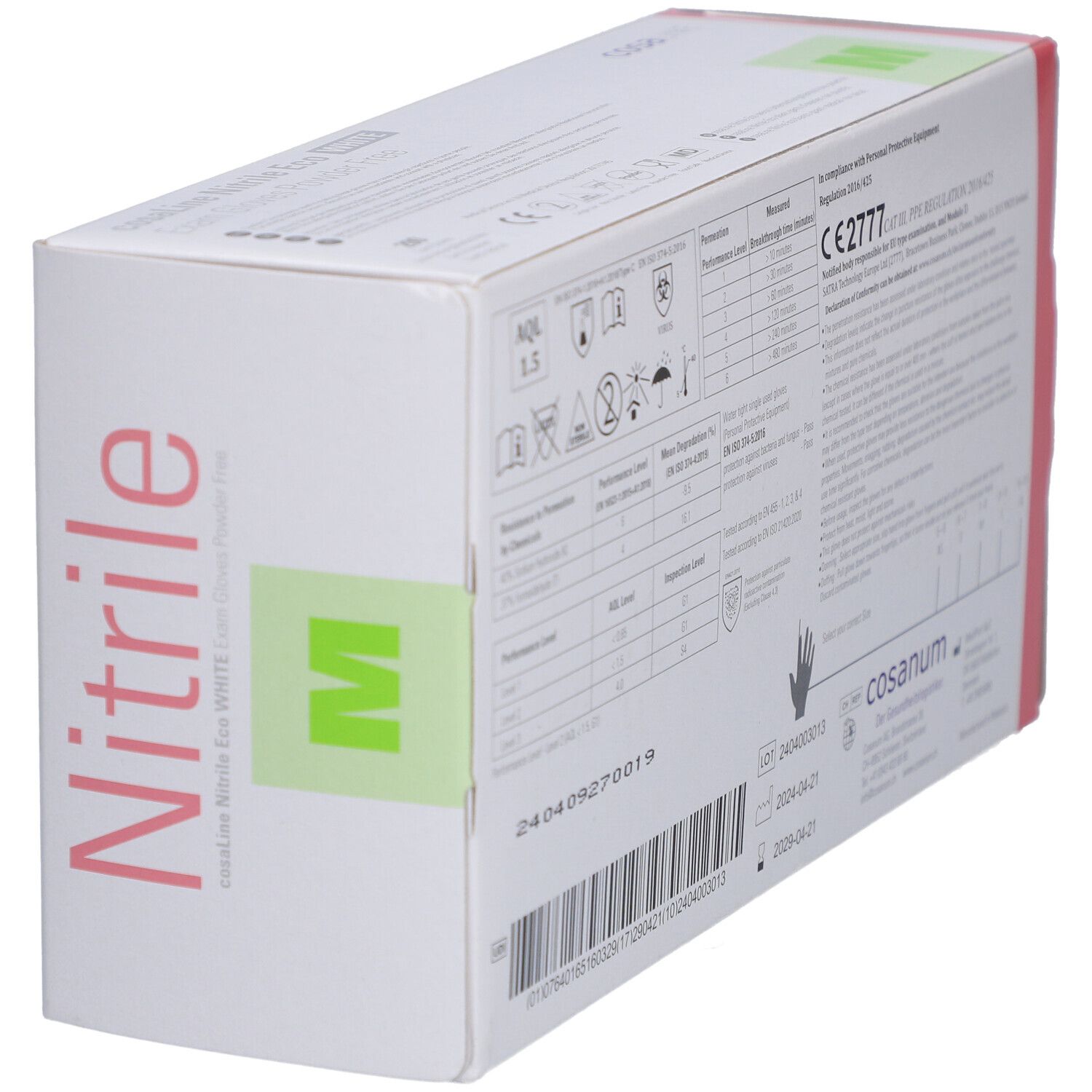Karton cosaLine Nitril Eco White Untersuchungshandschuhe. Größe M. Rosa Seite mit Nitrile. CE-Kennzeichnung.
