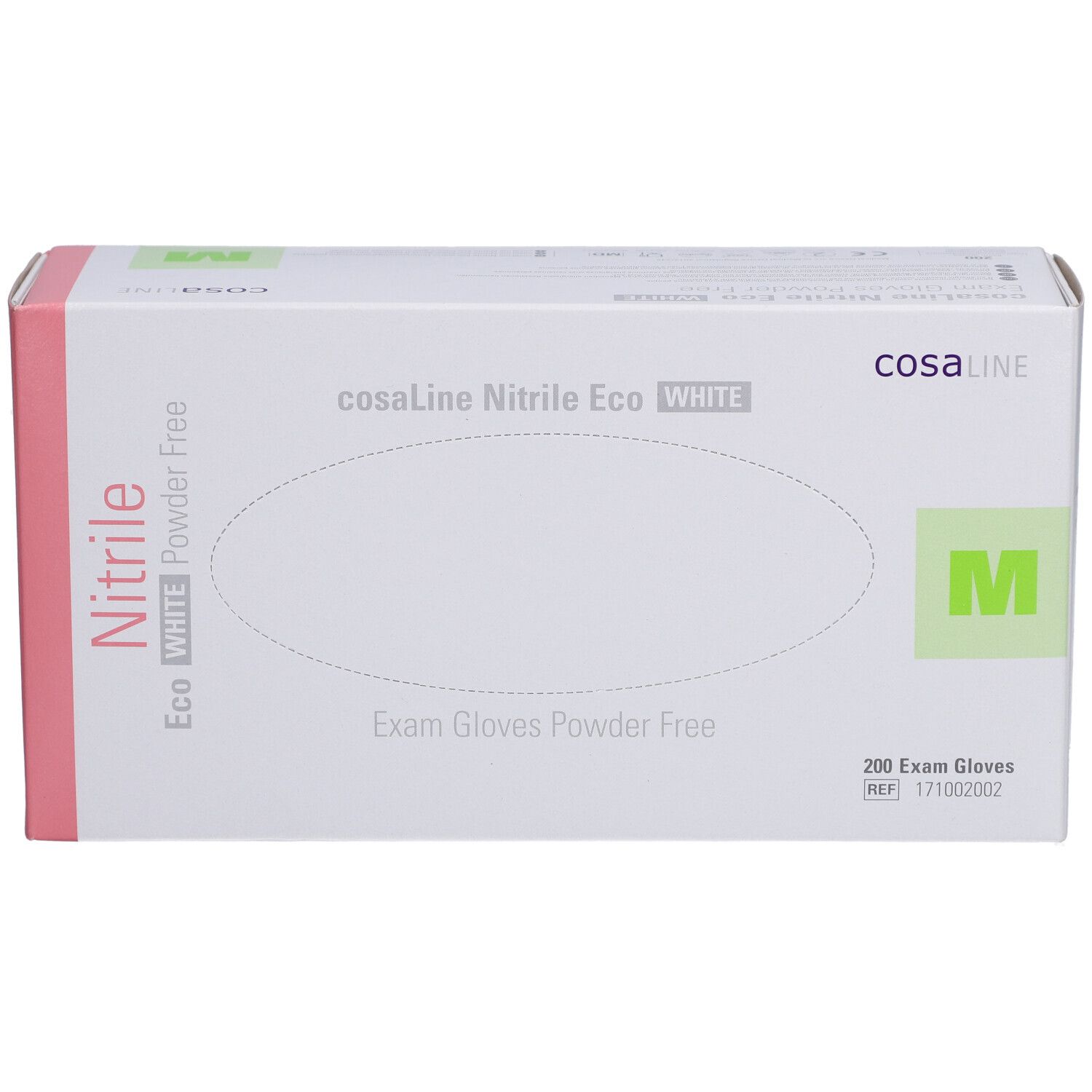 Weißer Karton mit cosaLine Nitril Eco White Untersuchungshandschuhen. Größe M. Aufdruck: 200 Exam Gloves.