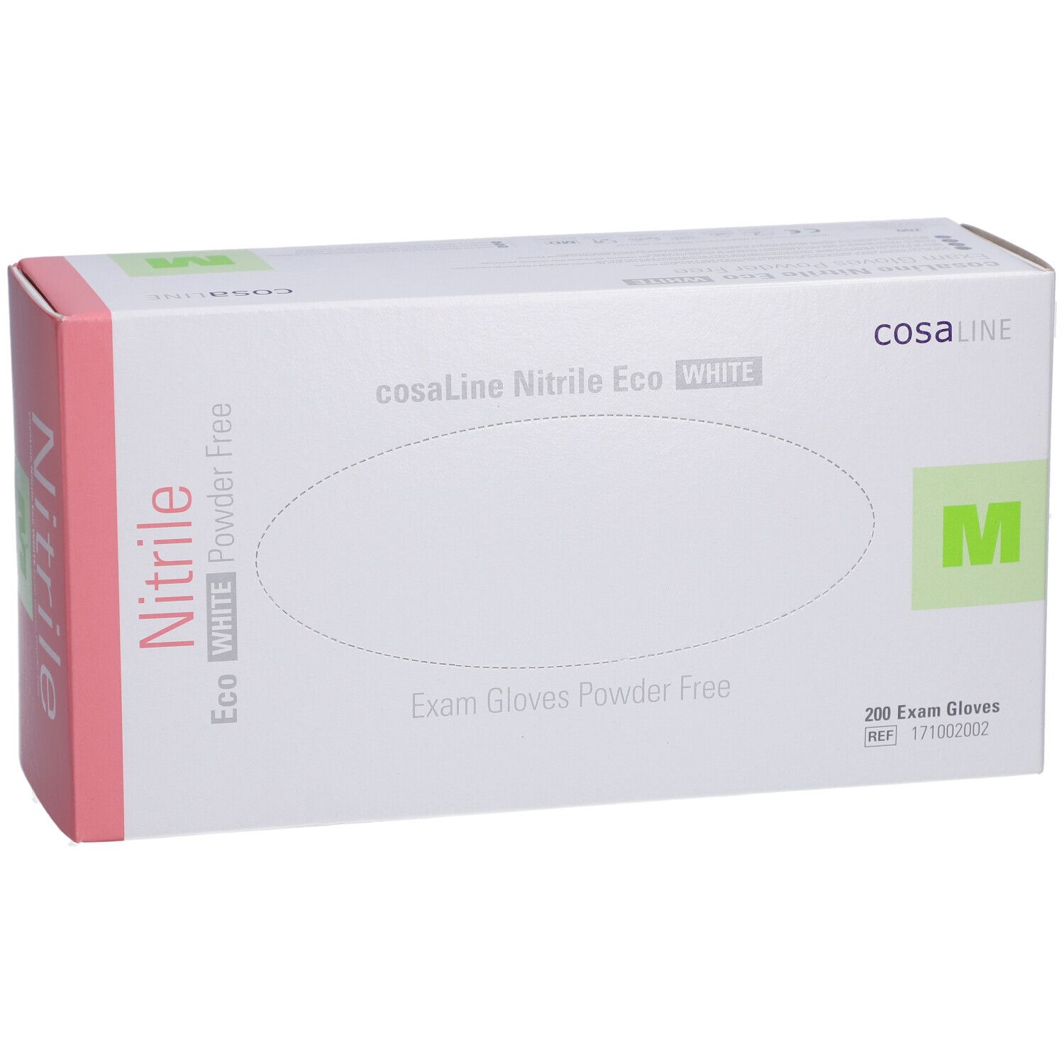 Weißer Karton mit cosaLine Nitril Eco White Untersuchungshandschuhen. Größe M. Aufdruck: 200 Exam Gloves.