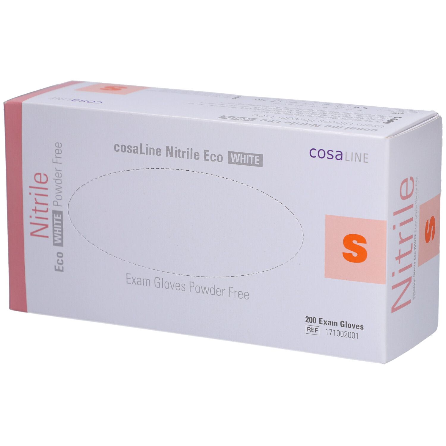 Weißer Karton mit rosa Akzenten. Aufschrift: cosaLine Nitril Eco WHITE, S, Exam Gloves Powder Free. 200 Exam Gloves.