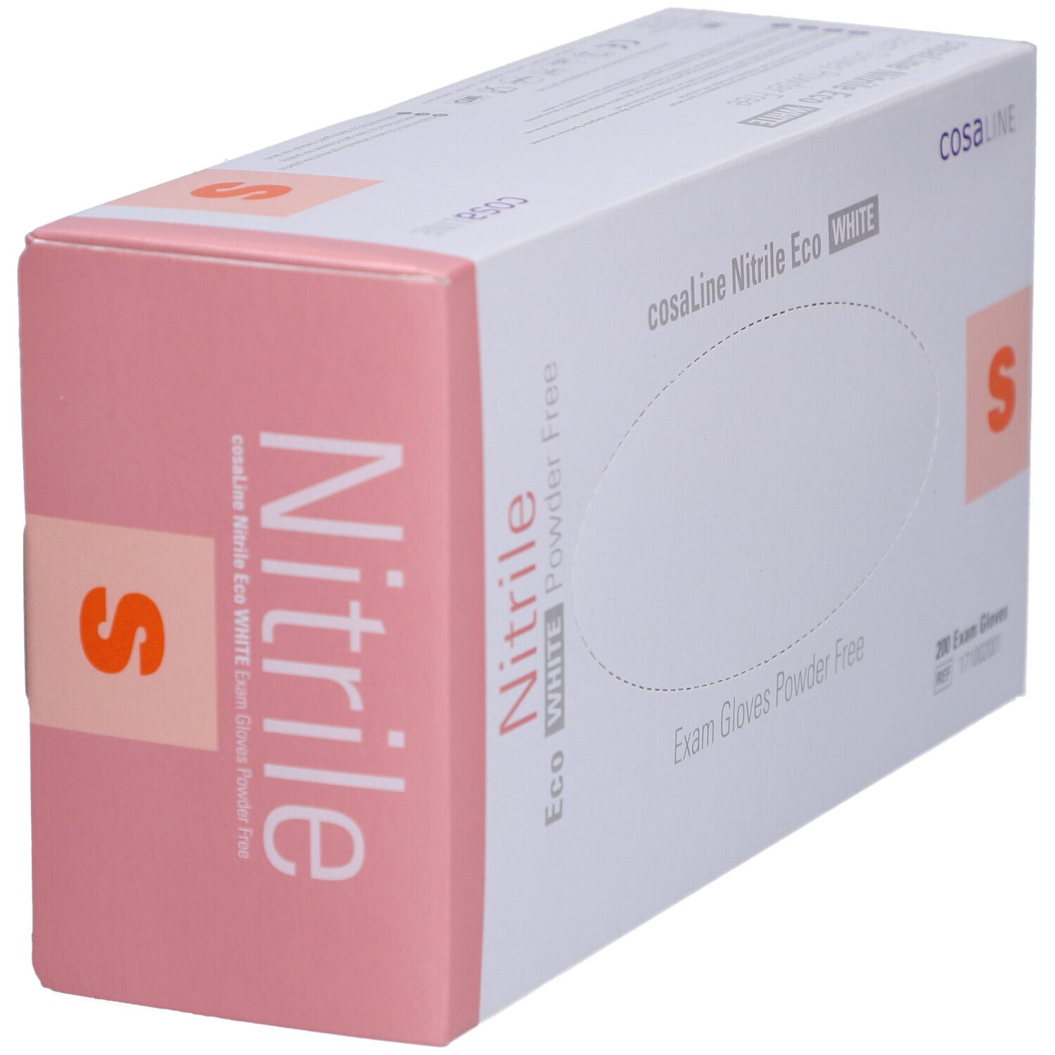 Karton mit rosa Seite. Aufschrift: Nitril, cosaLine Nitrile Eco WHITE, S. Exam Gloves Powder Free. Winkelansicht.