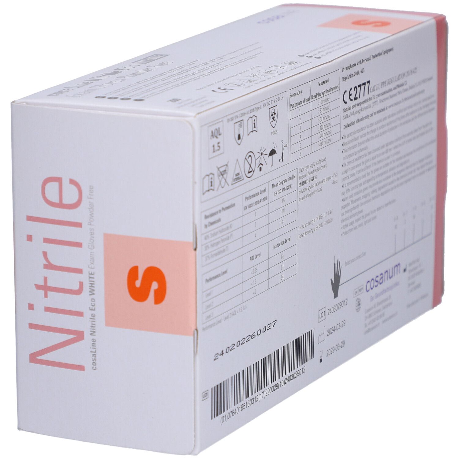 Karton mit rosa Seite. Aufschrift: Nitril, cosaLine, CE 2777. Rückseite mit Informationen und Symbolen. Winkelansicht.