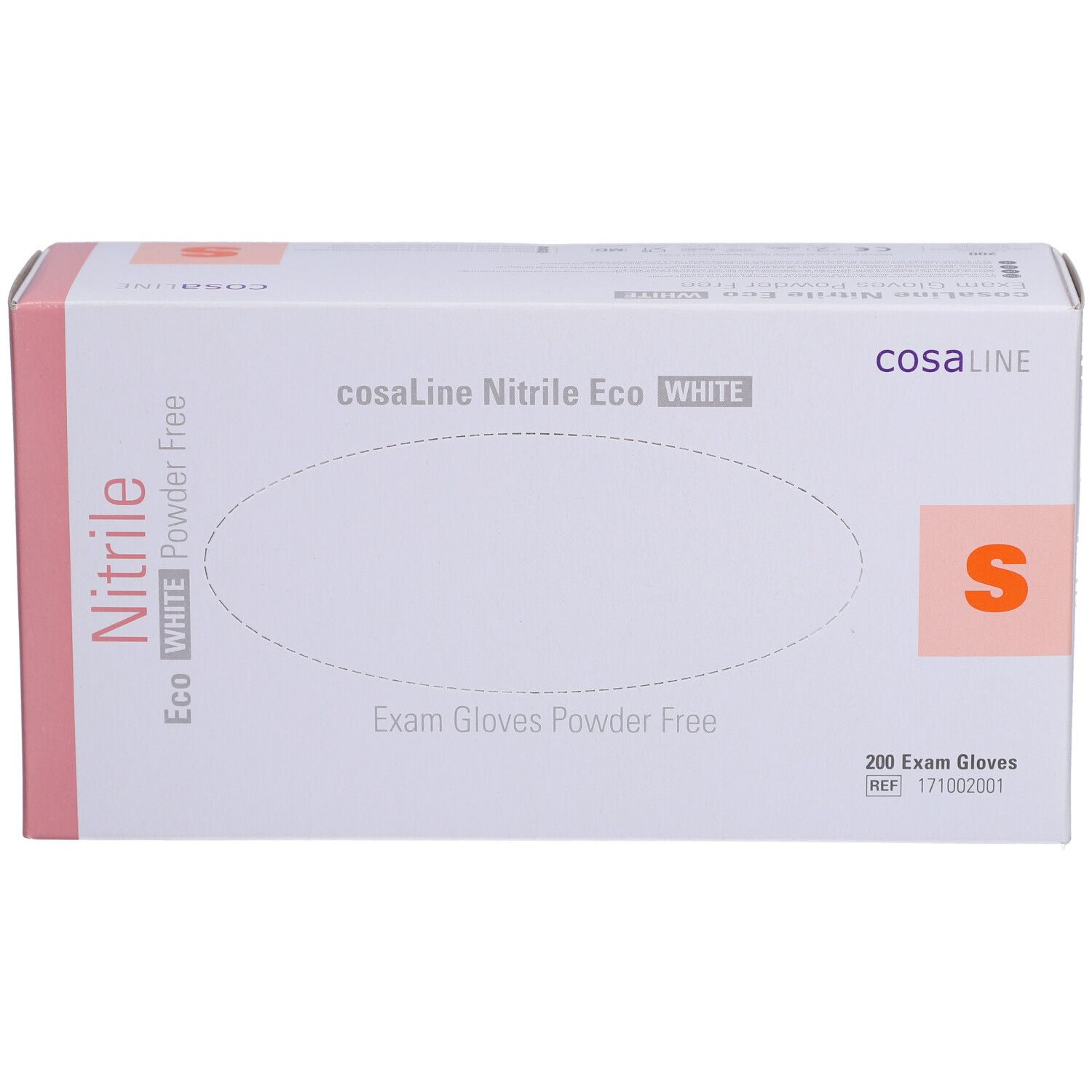 Weißer Karton mit rosa Akzenten. Aufschrift: cosaLine Nitril Eco WHITE, S, Exam Gloves Powder Free. 200 Exam Gloves.