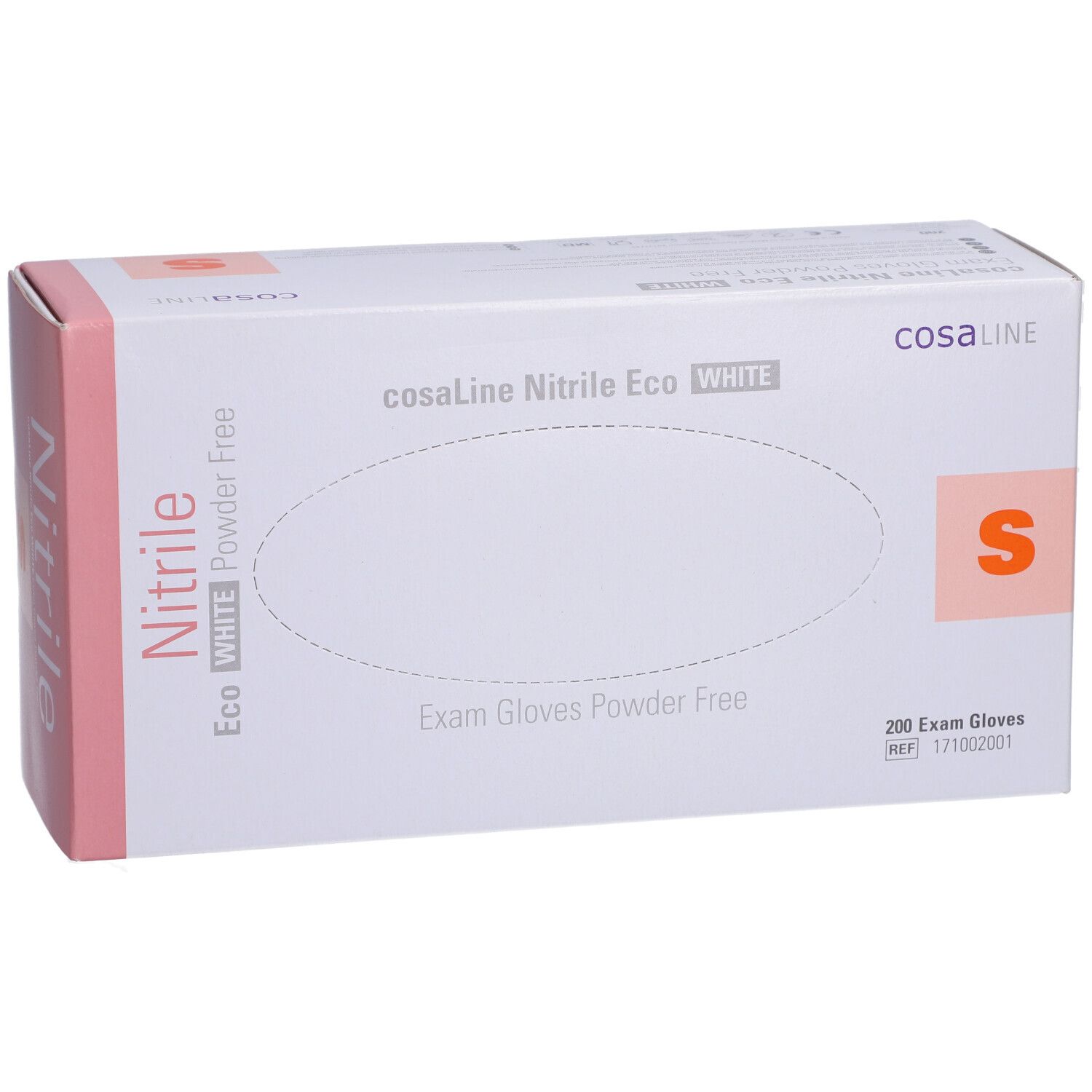 Weißer Karton mit rosa Akzenten. Aufschrift: cosaLine Nitril Eco WHITE, S, Exam Gloves Powder Free. 200 Exam Gloves.
