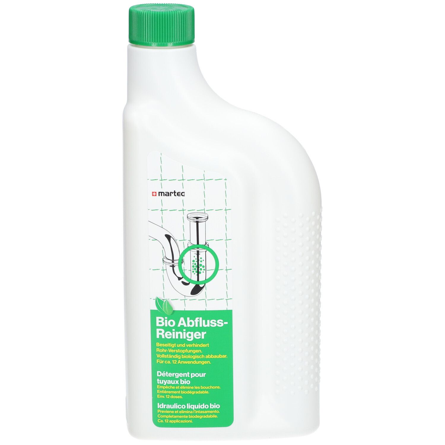 Weiße Flasche mit grünem Deckel. Aufschrift: Bio Abfluss-Reiniger. Marke: martec. Illustration eines Abflusses.