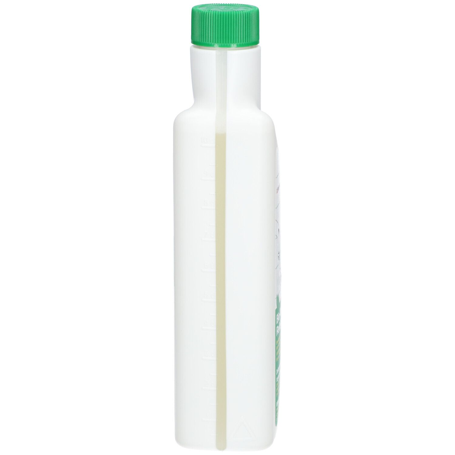 Weiße Flasche mit grünem Deckel. Seitenansicht. Auf der Flasche ist eine Messskala zu sehen.