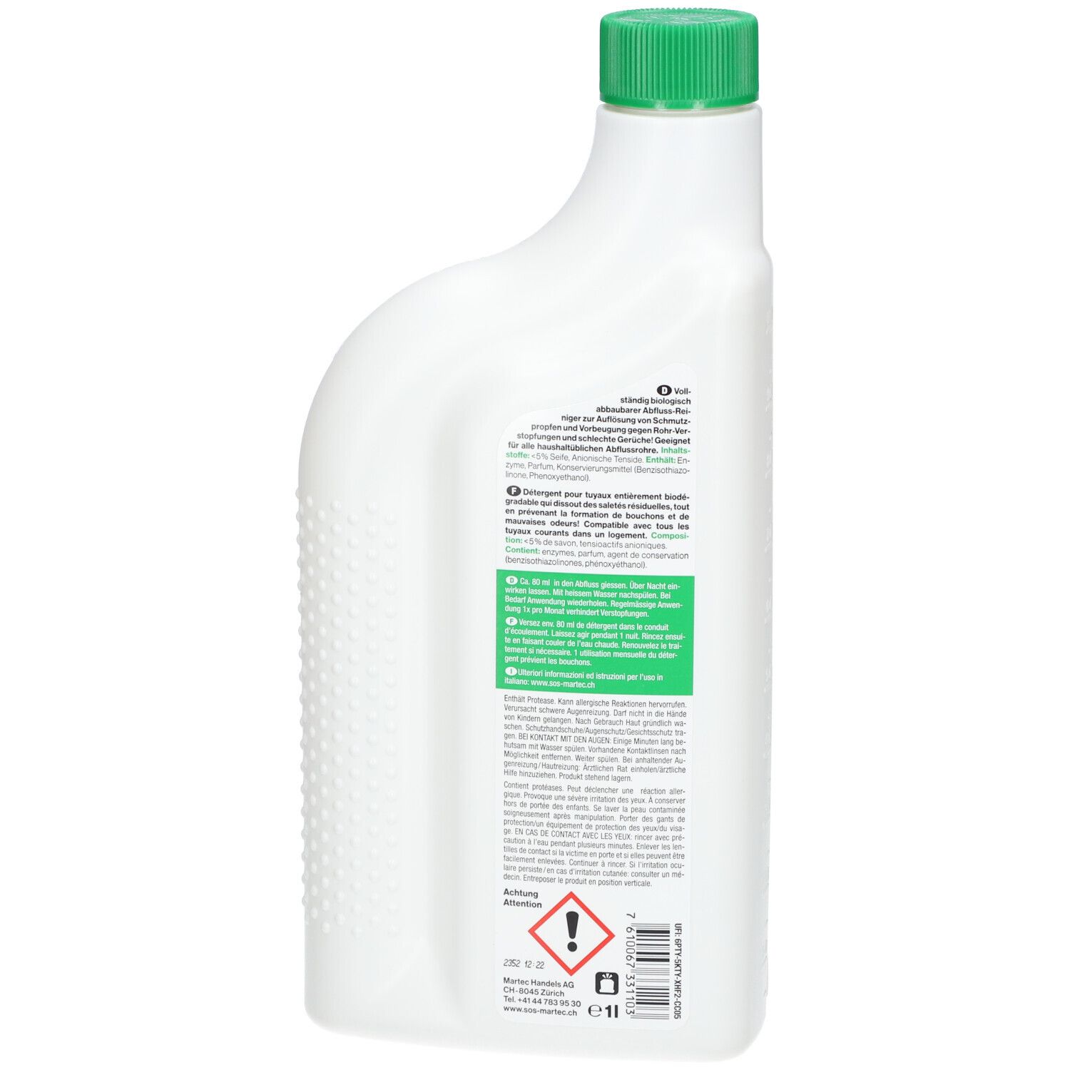 Weiße Flasche mit grünem Deckel. Rückseite mit Text und Warnhinweis. Marke: martec. Produktname: Bio Abfluss-Reiniger.
