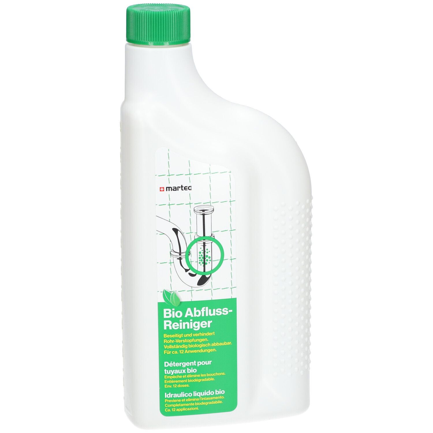 Weiße Flasche mit grünem Deckel. Aufschrift: Bio Abfluss-Reiniger. Marke: martec. Illustration eines Abflusses.