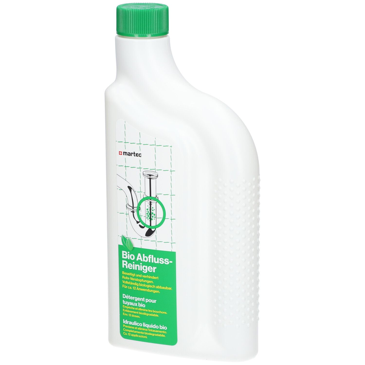 Weiße Flasche mit grünem Deckel. Aufschrift: Bio Abfluss-Reiniger. Marke: martec. Illustration eines Abflusses.