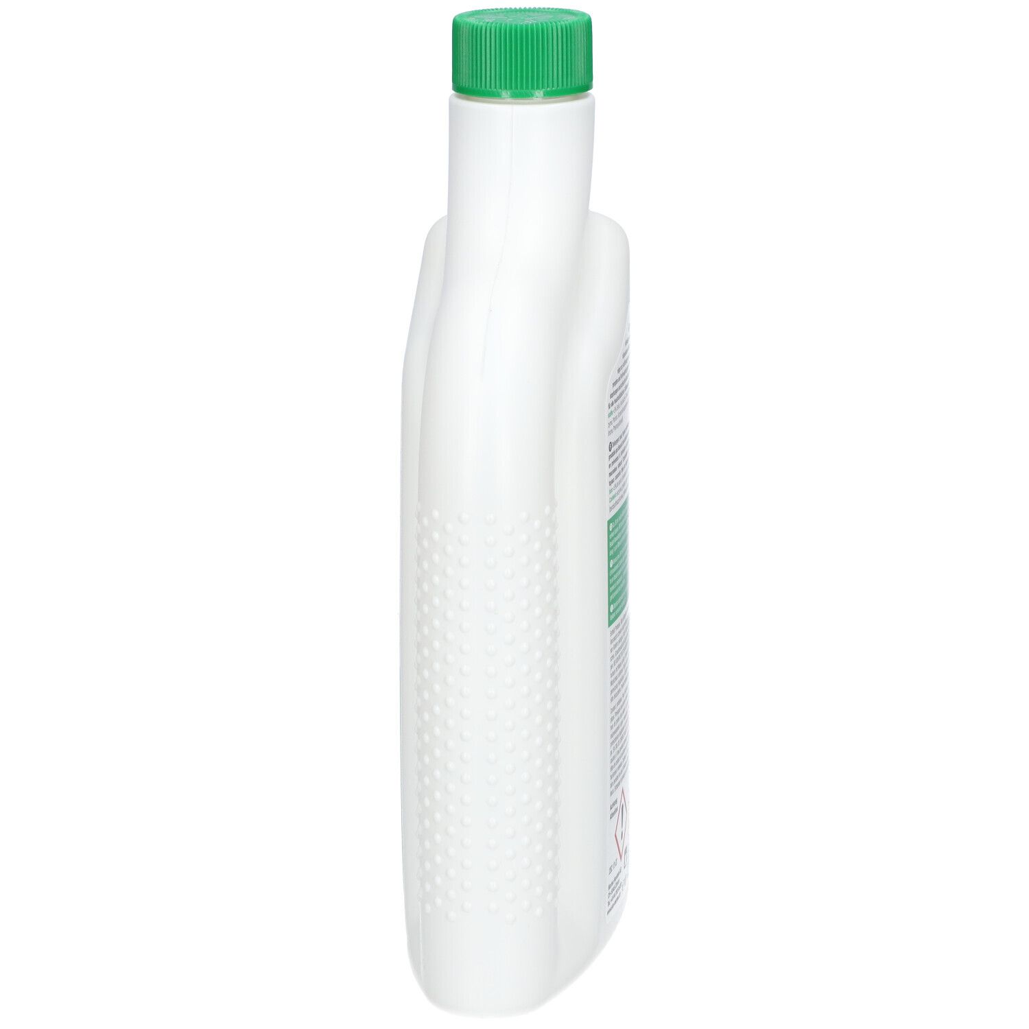 Weiße Flasche mit grünem Deckel. Seitenansicht. Auf der Flasche ist Text zu sehen.