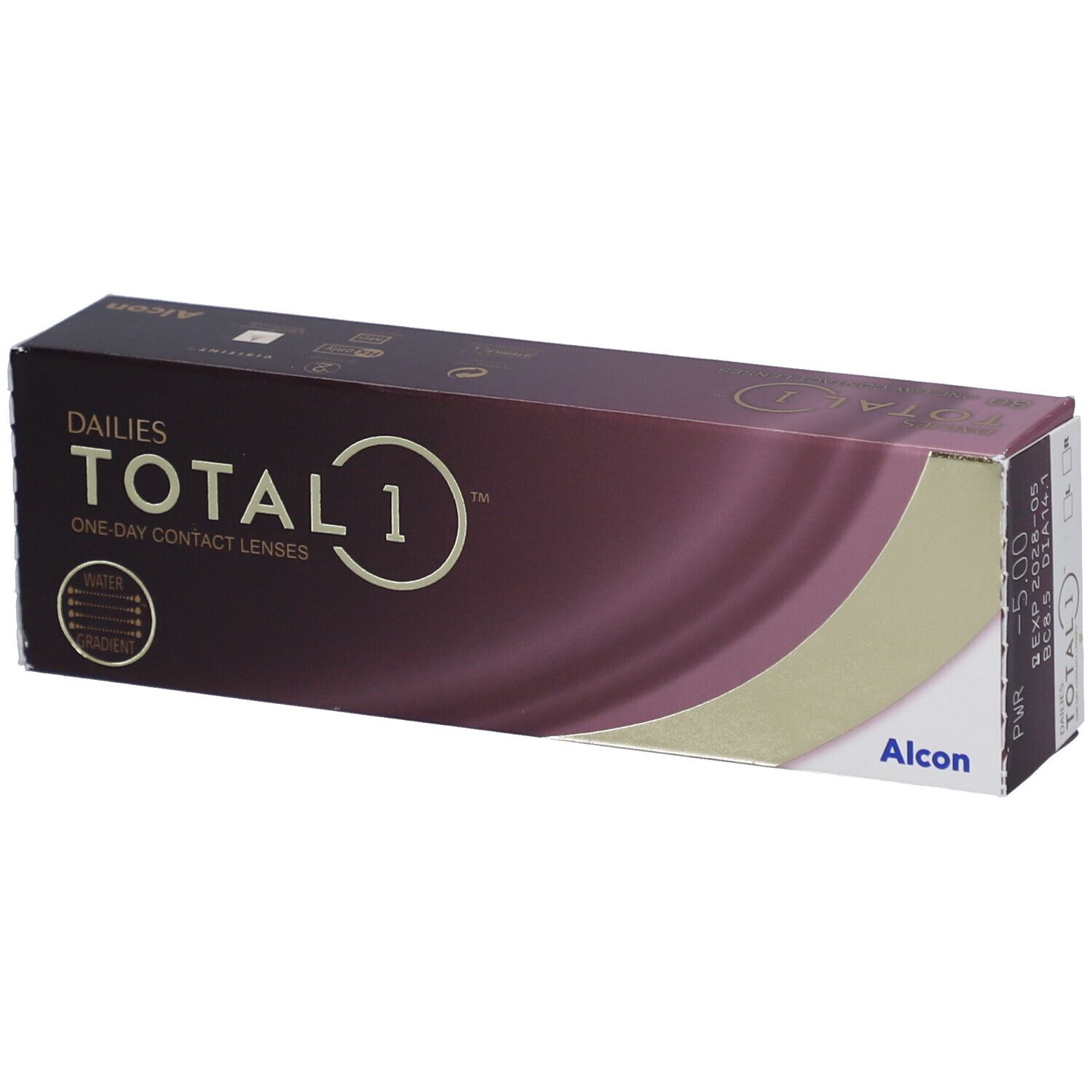 Boîte de lentilles de contact Alcon Dailies Total 1. Inscription : TOTAL 1, ONE DAY CONTACT LENSES. Logo et nom de marque Alcon.
