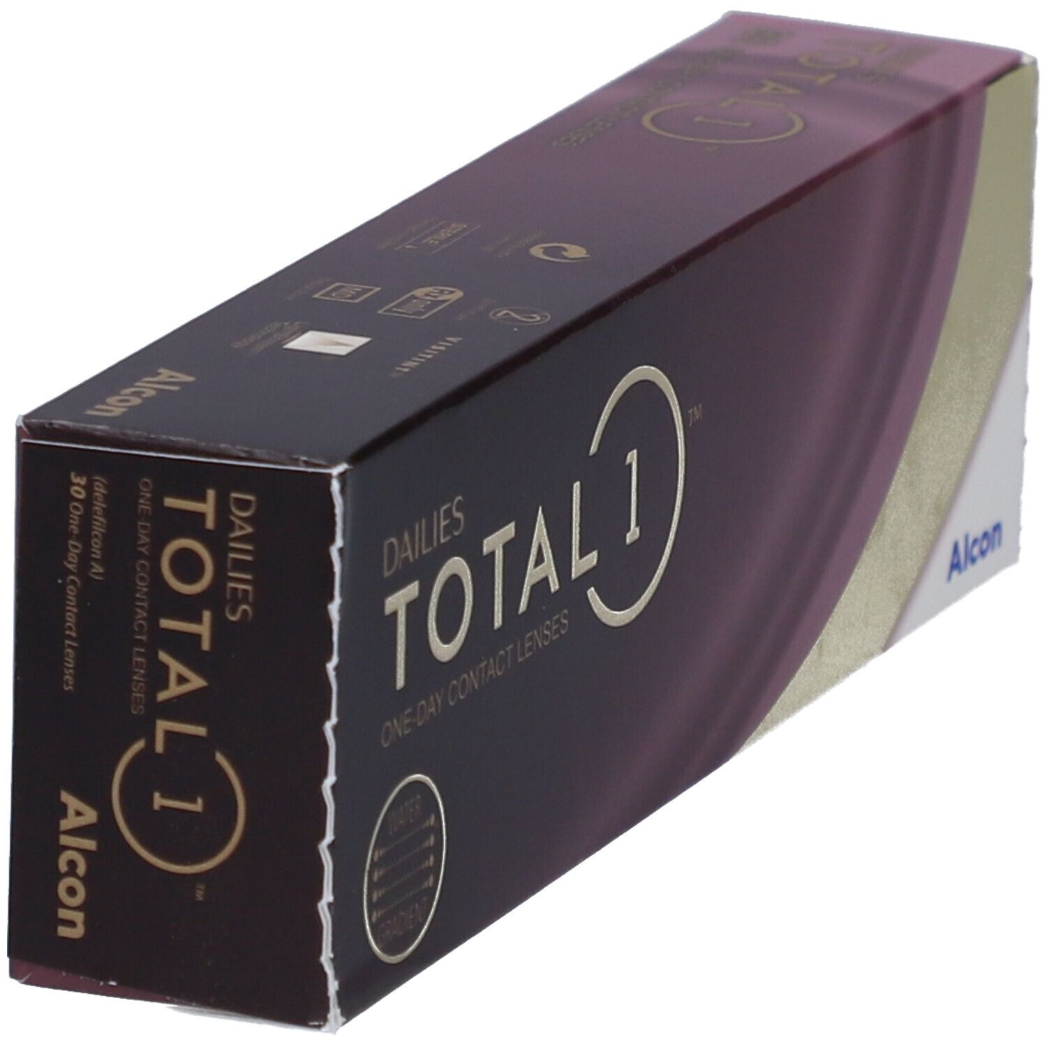 Vue en biais de la boîte Alcon Dailies Total 1. Inscription : TOTAL 1, ONE DAY CONTACT LENSES. Nom de la marque Alcon.