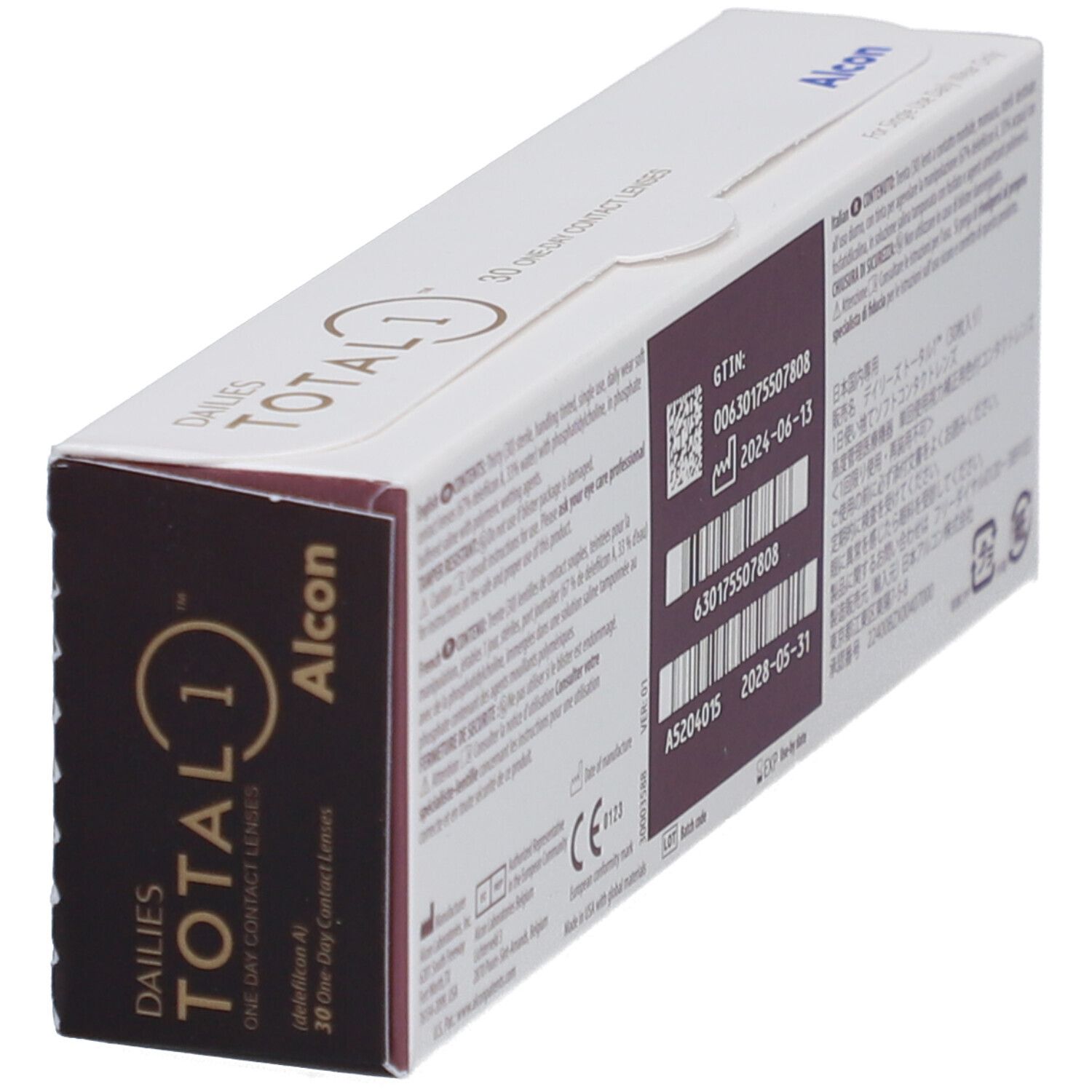 Vue en biais du dos de la boîte Alcon Dailies Total 1. Codes-barres, texte et marquage CE.