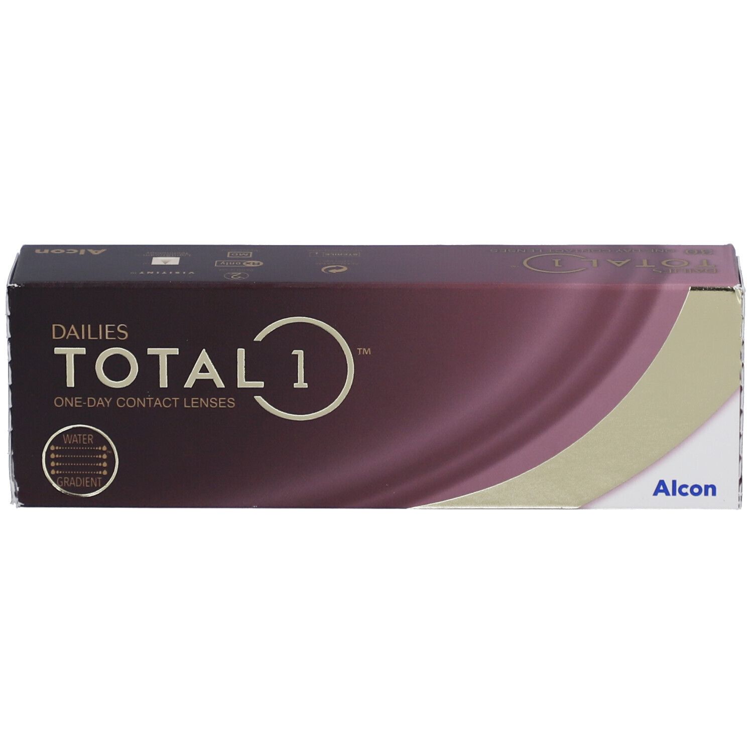 Boîte de lentilles de contact Alcon Dailies Total 1. Inscription : TOTAL 1, ONE DAY CONTACT LENSES. Logo et nom de marque Alcon.