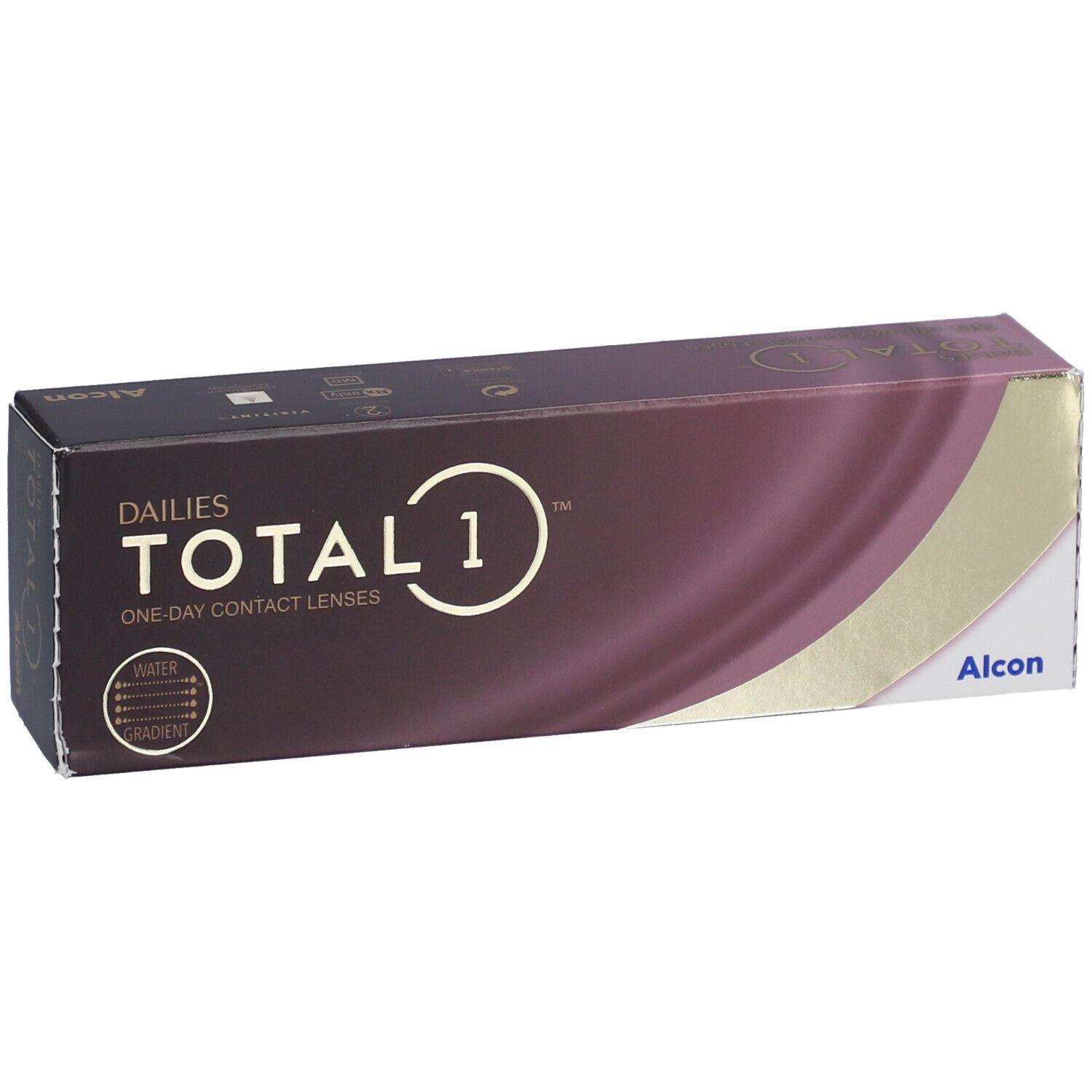 Boîte de lentilles de contact Alcon Dailies Total 1. Inscription : TOTAL 1, ONE DAY CONTACT LENSES. Logo et nom de marque Alcon.