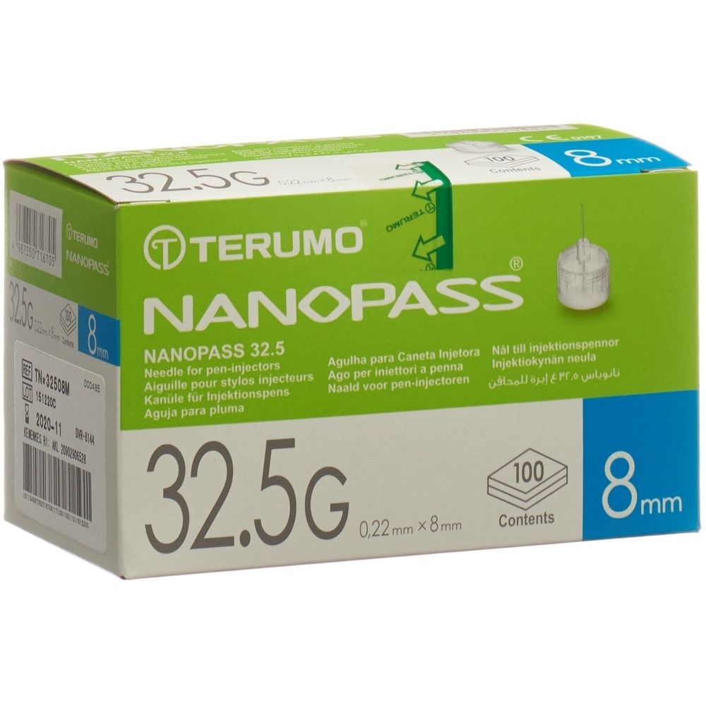 Boîte NANOPASS 32.5G. Vert et blanc, avec nom du produit, informations sur l'aiguille et dimensions. Contient 100 pièces.