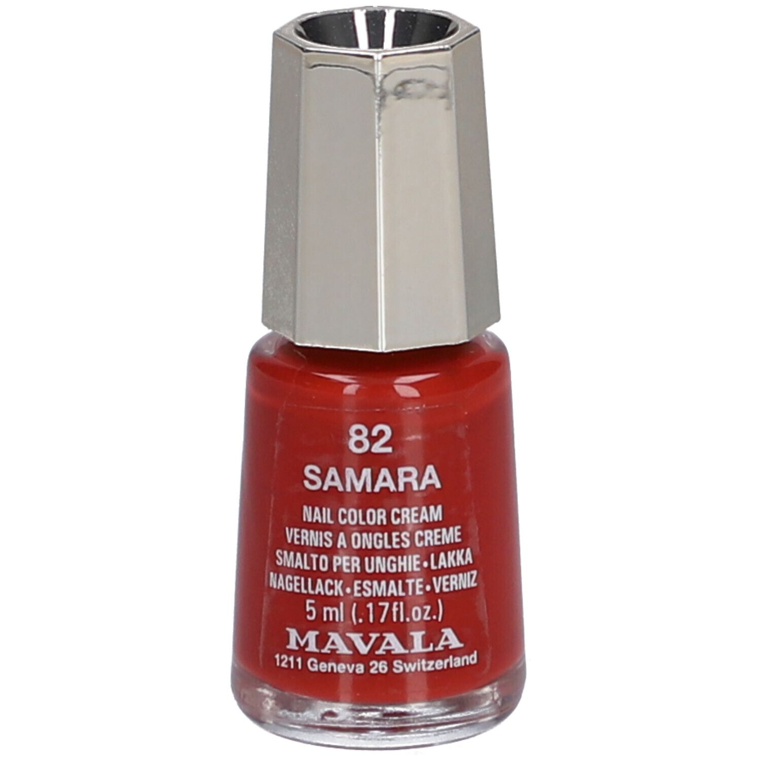 Nagellackflasche, rot, mit silberfarbenem Deckel. Aufschrift: 82 Samara, Nail Color Cream, 5 ml. Marke: Mavala.