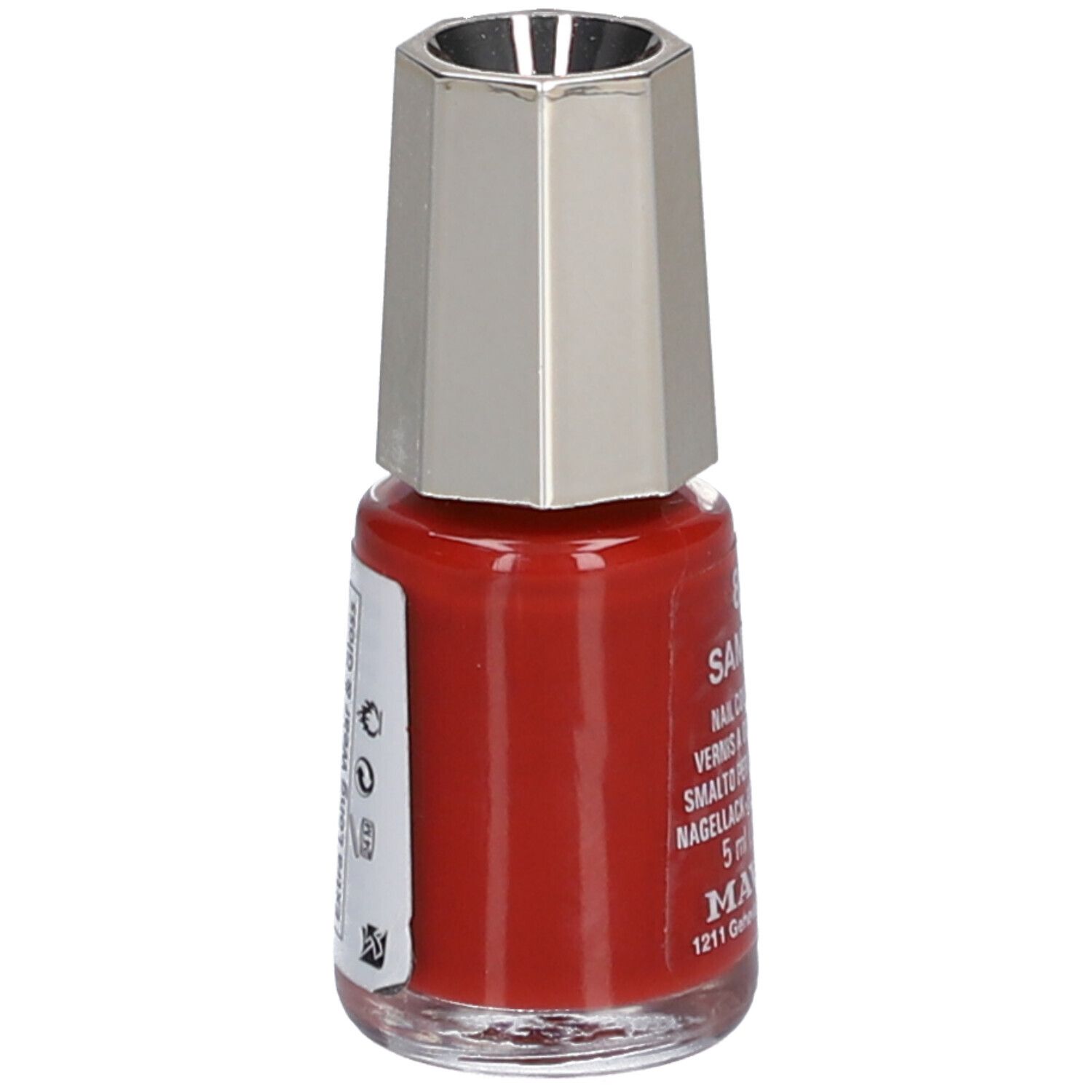Rote Nagellackflasche mit silberfarbenem Deckel. Aufkleber mit Informationen. Marke: Mavala.