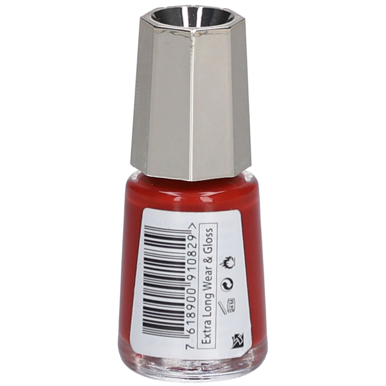 Rote Nagellackflasche mit silberfarbenem Deckel. Barcode und Text: Extra Long Wear & Gloss. Marke: Mavala.