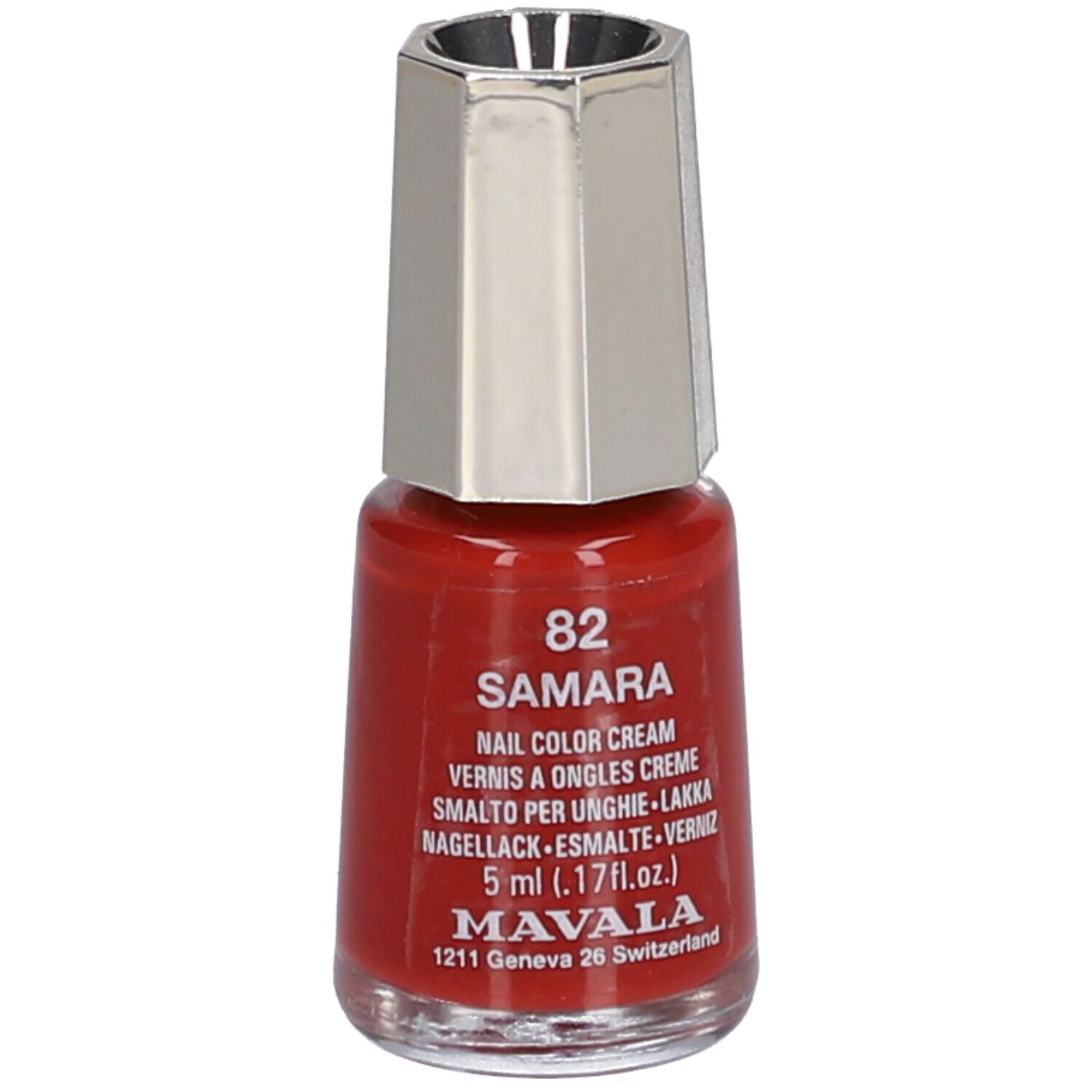 Nagellackflasche, rot, mit silberfarbenem Deckel. Aufschrift: 82 Samara, Nail Color Cream, 5 ml. Marke: Mavala.