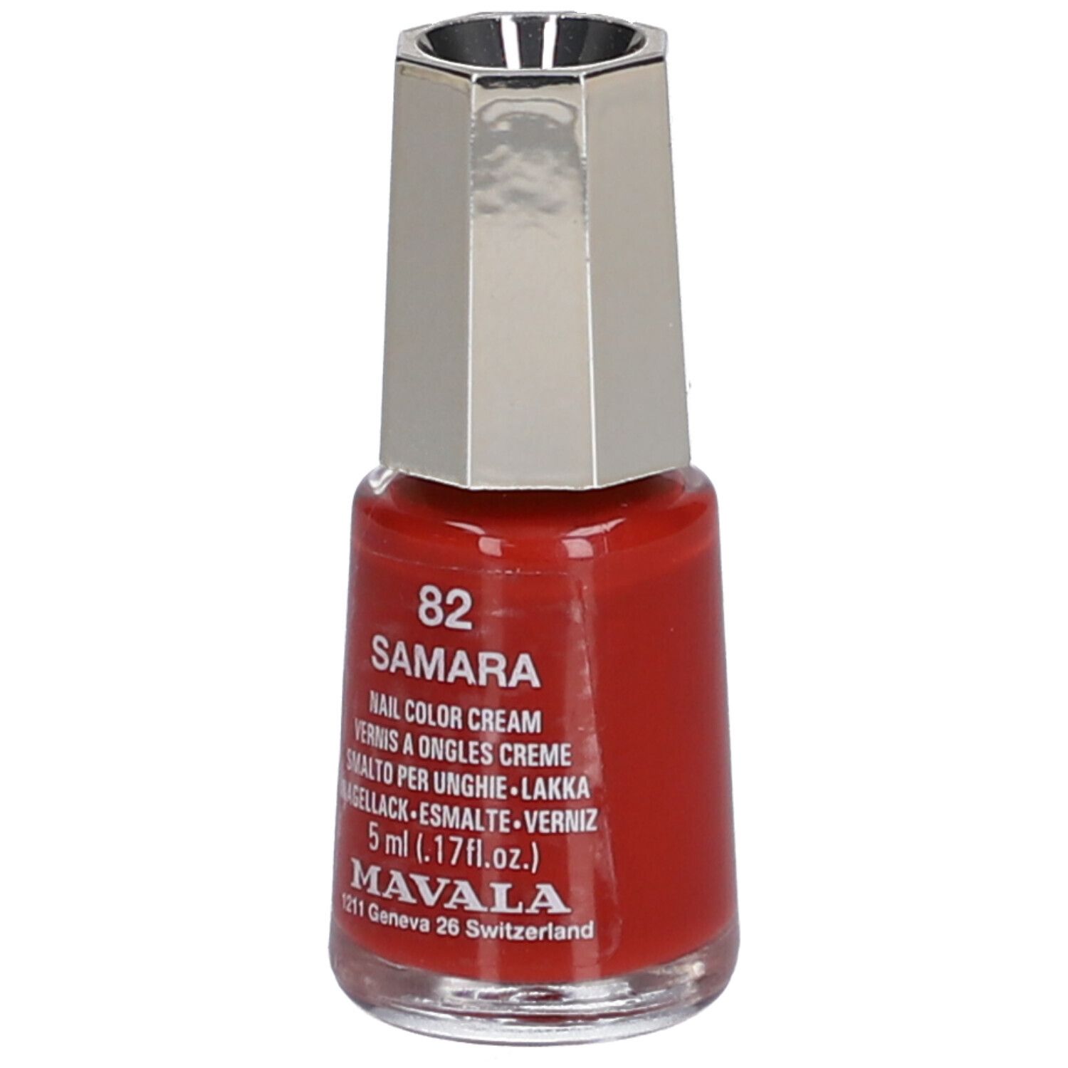 Nagellackflasche, rot, mit silberfarbenem Deckel. Aufschrift: 82 Samara, Nail Color Cream, 5 ml. Marke: Mavala.