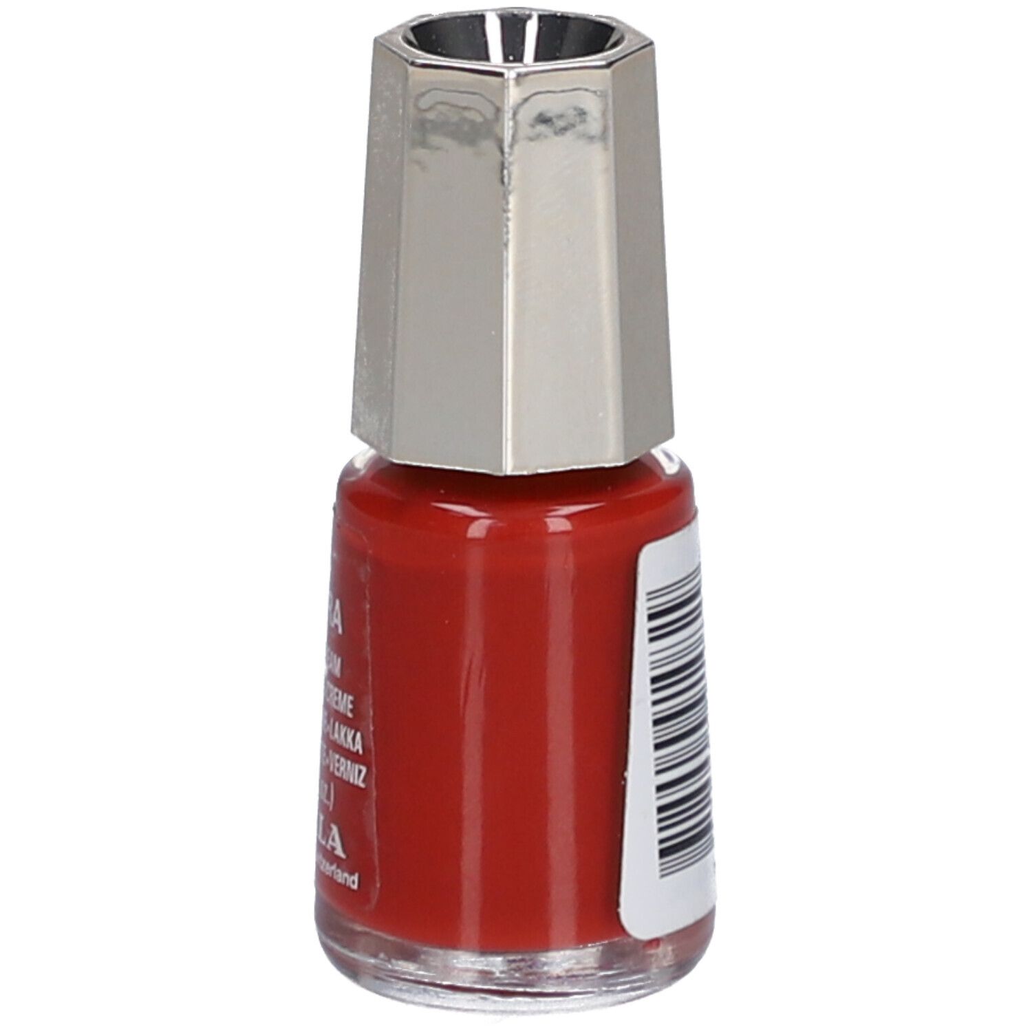 Rote Nagellackflasche mit silberfarbenem Deckel. Aufschrift: 82 Samara, Nail Color Cream, 5 ml. Marke: Mavala.