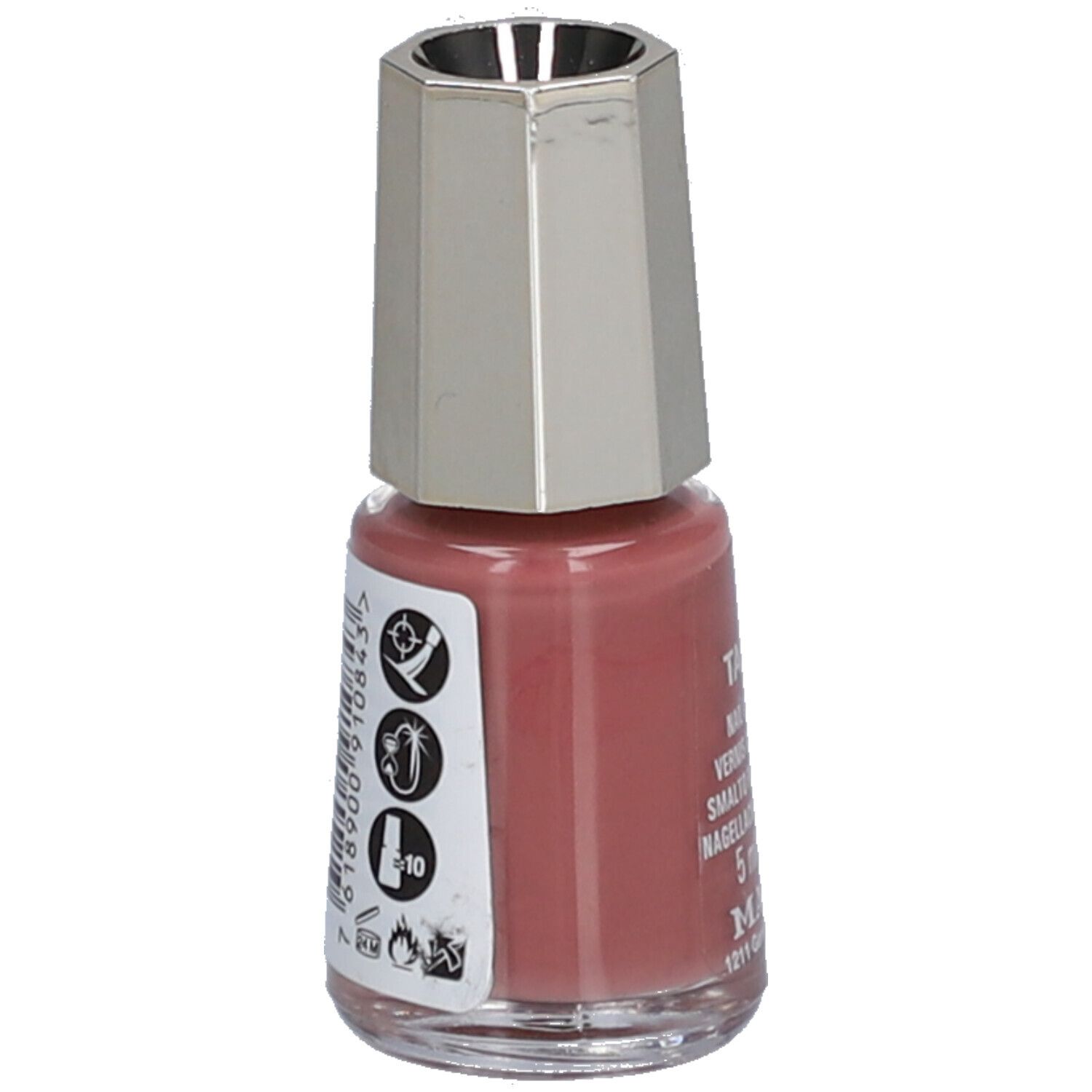Nagellackflasche, rosa Farbton. Silberfarbener Deckel. Aufkleber mit Symbolen und Text. Mavala.