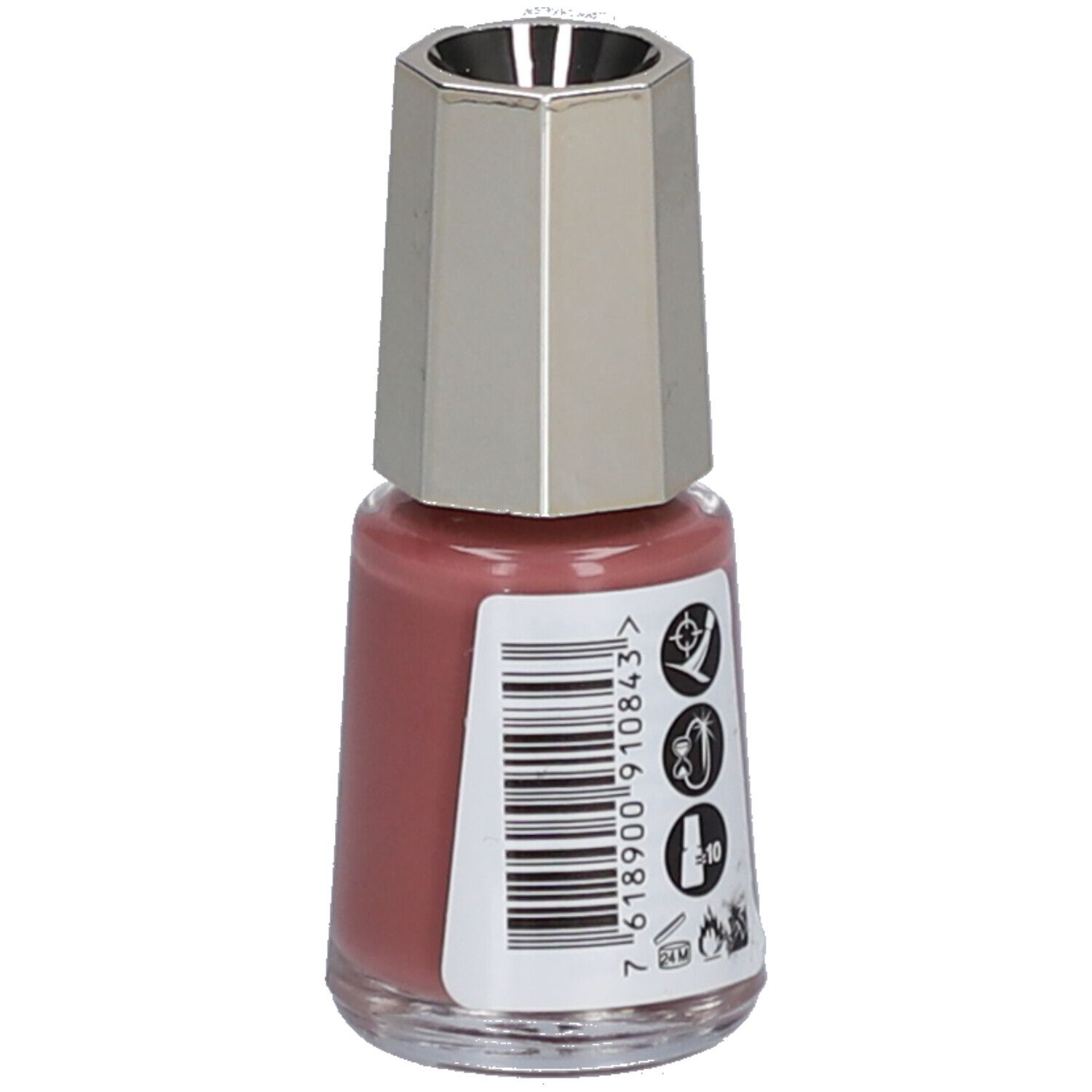 Nagellackflasche, rosa Farbton. Silberfarbener Deckel. Barcode und Symbole auf dem Etikett. Mavala.