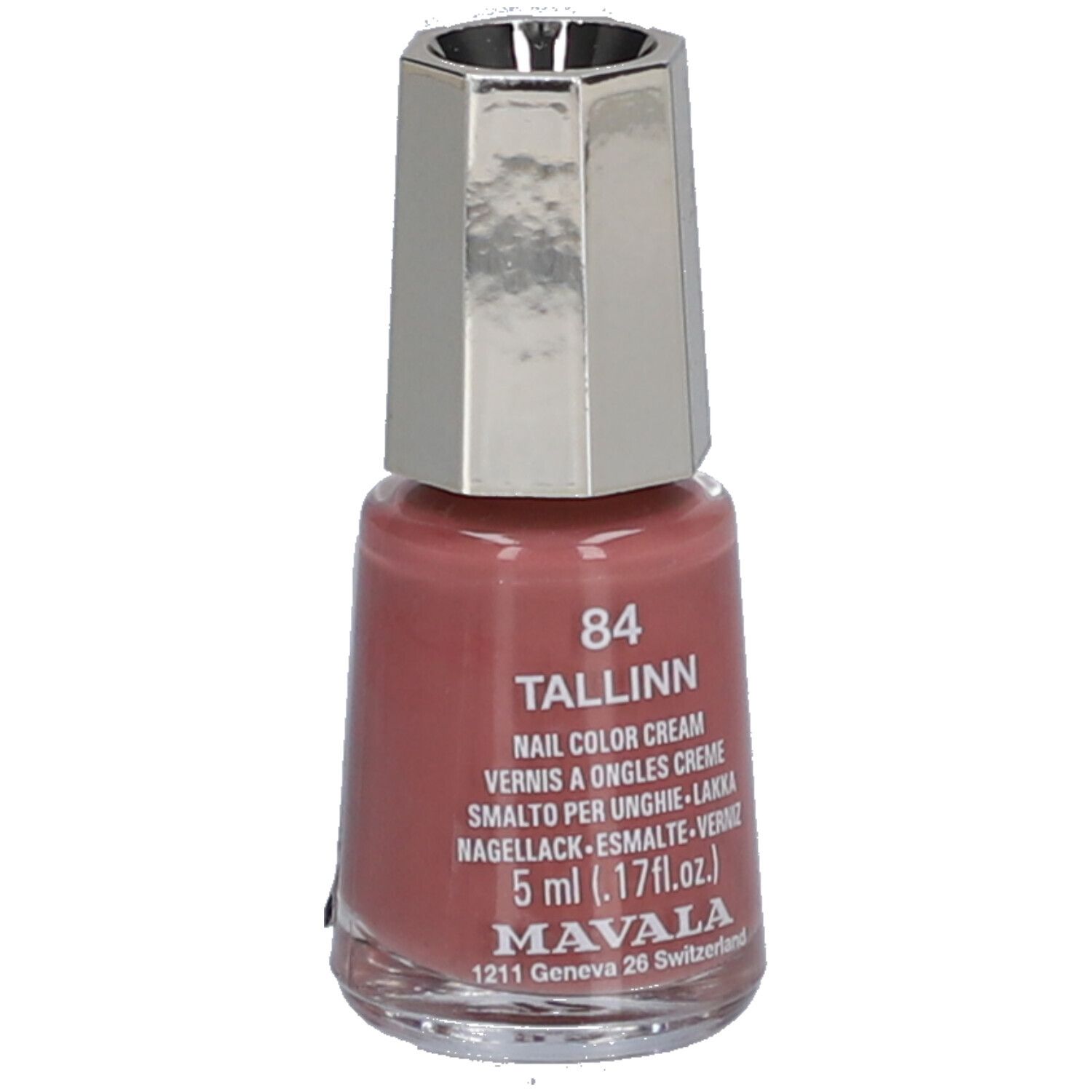 Nagellackflasche, rosa Farbton. Silberfarbener Deckel. Aufschrift: 84 Tallinn, Nail Color Cream, 5 ml, Mavala.