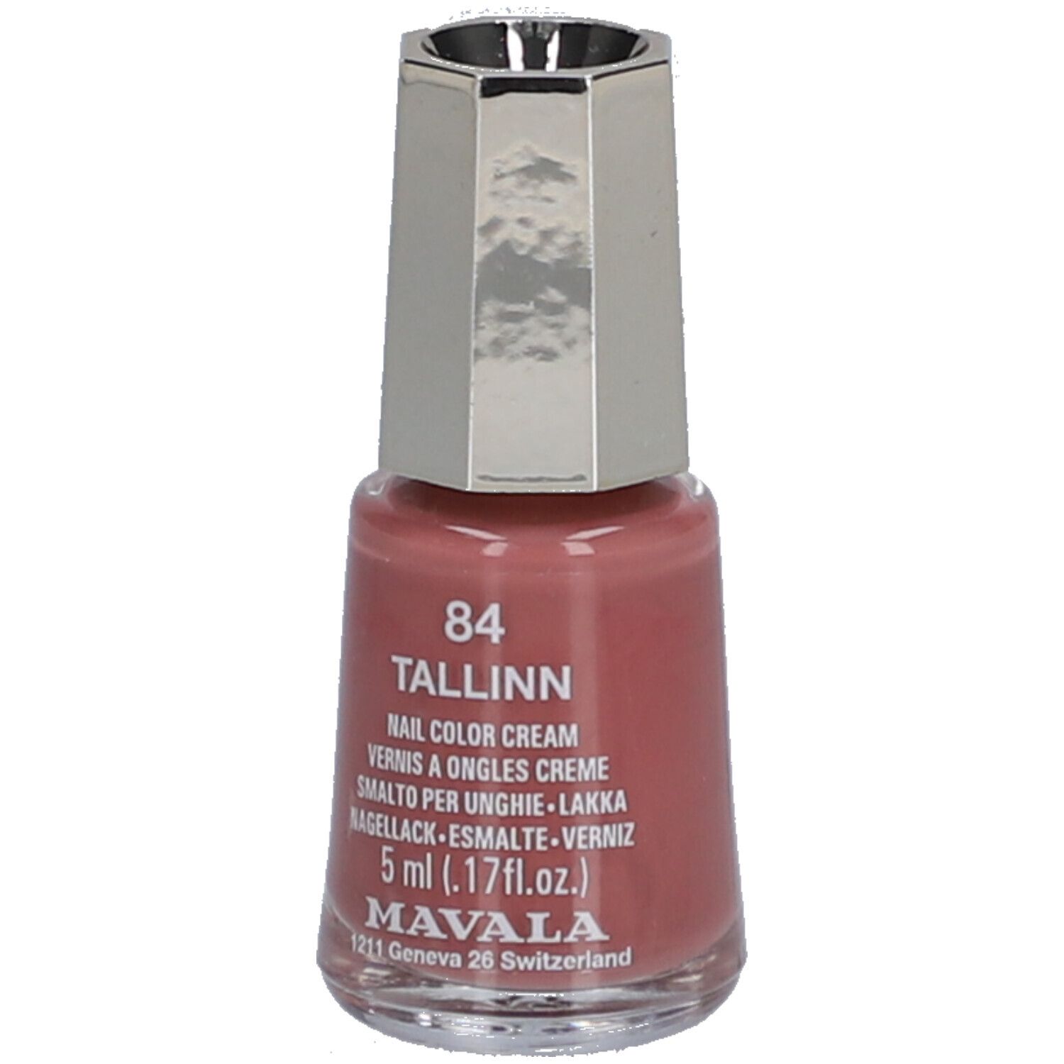 Nagellackflasche, rosa Farbton. Silberfarbener Deckel. Aufschrift: 84 Tallinn, Nail Color Cream, 5 ml, Mavala.