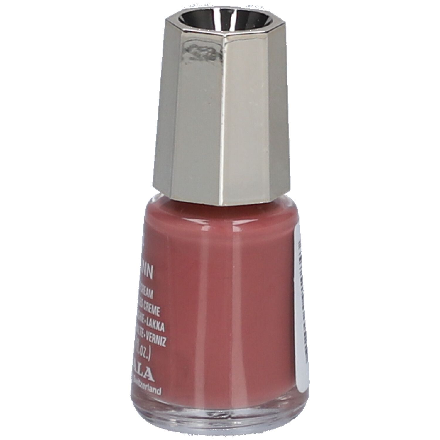 Nagellackflasche, rosa Farbton. Silberfarbener Deckel. Aufschrift: 84 Tallinn, Nail Color Cream, 5 ml, Mavala.