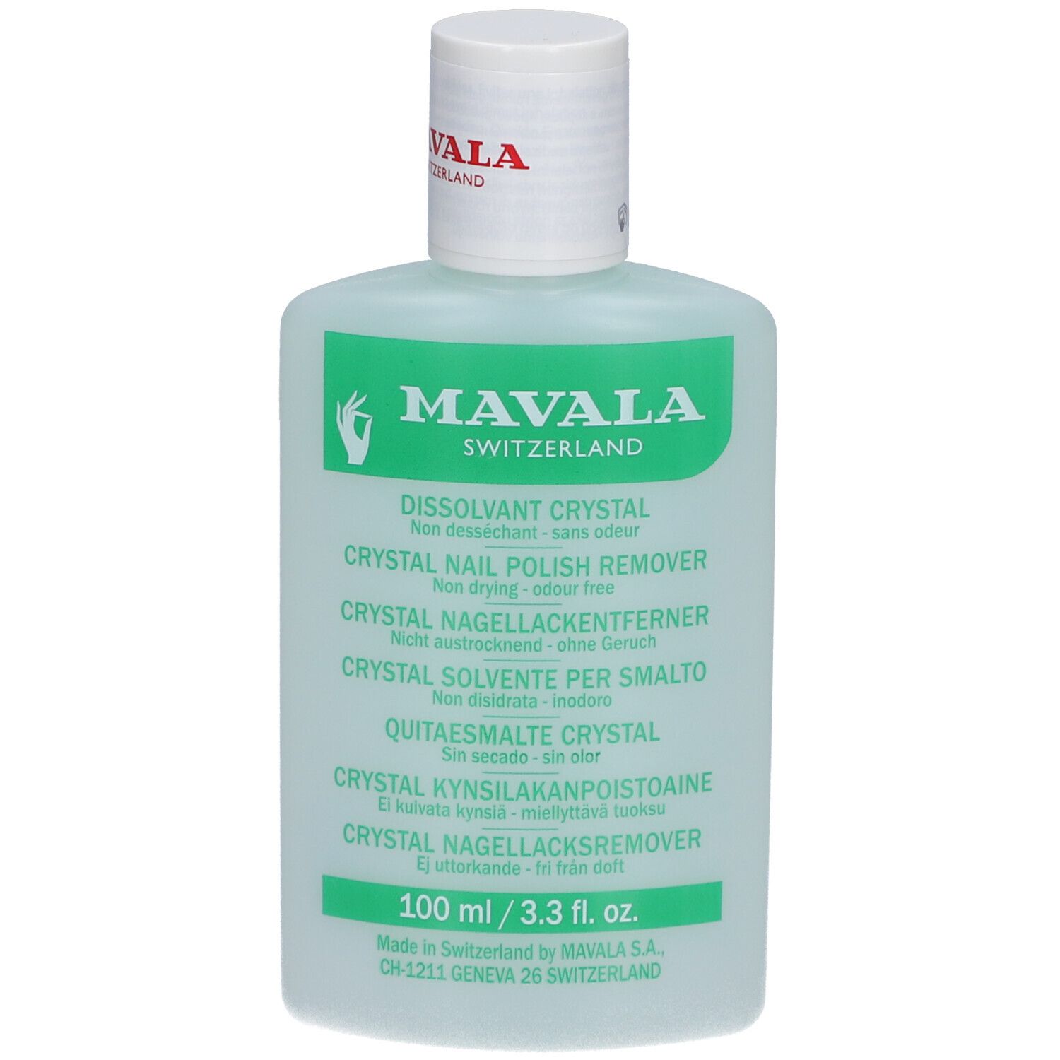 Flasche mit weißem Deckel. Grünes Etikett mit Schriftzug MAVALA. Text: DISSOLVANT CRYSTAL, CRYSTAL NAIL POLISH REMOVER.