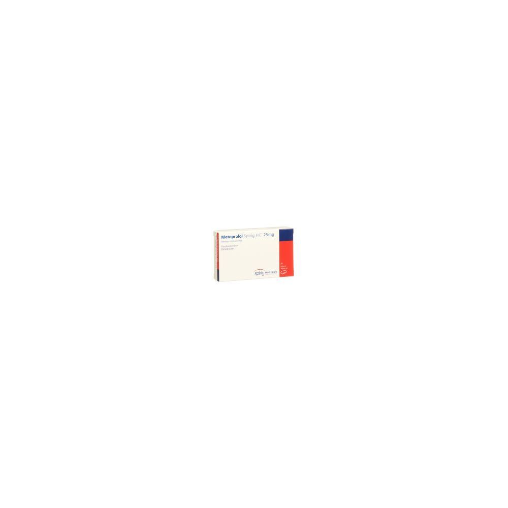 Karton METOPROLOL Spirig HC Ret Filmtabl 25 mg. Weiß, rot und blau. Aufschrift: 30 Stk.