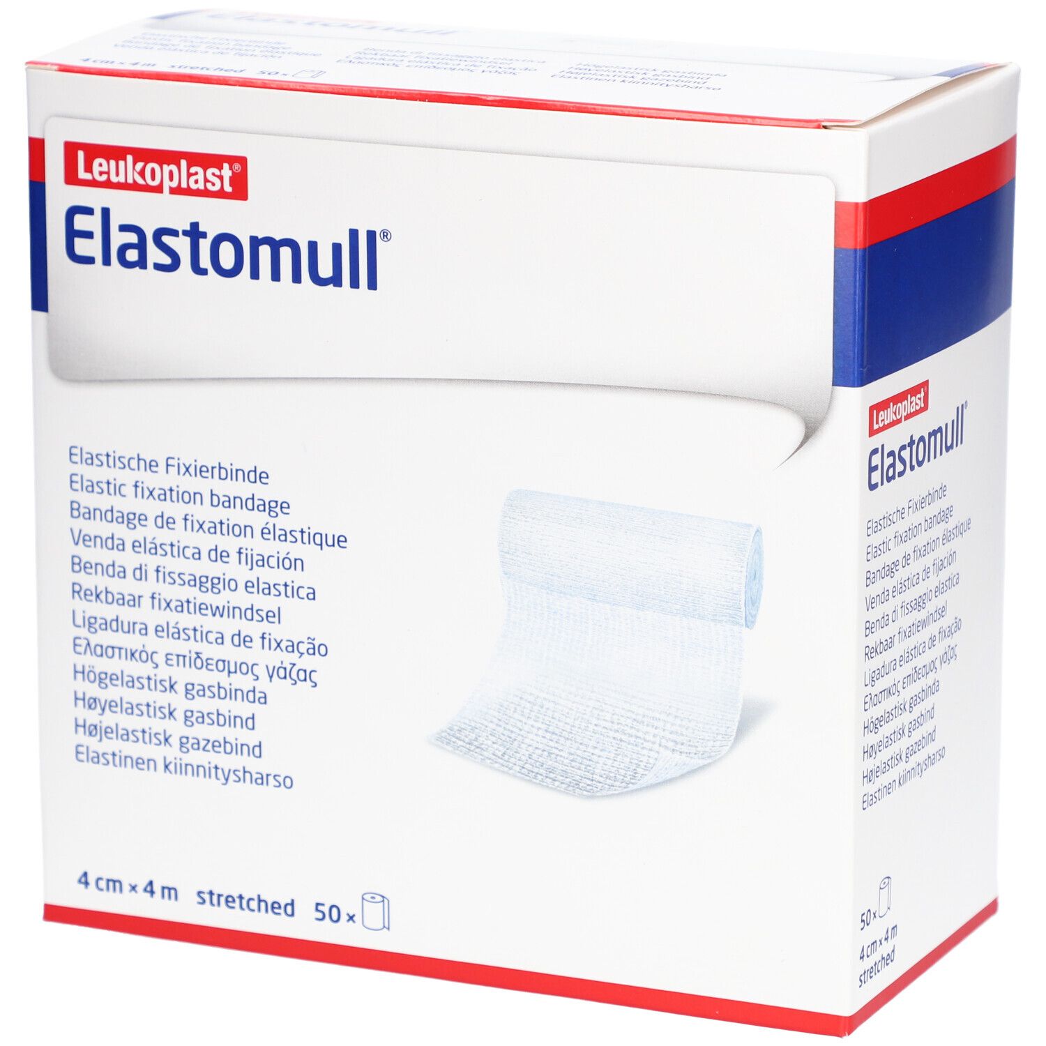 Weiße Verpackung mit "Elastomull"-Schriftzug. Enthält elastische Fixierbinde. Größe: 4 cm x 4 m. 50 Stück.