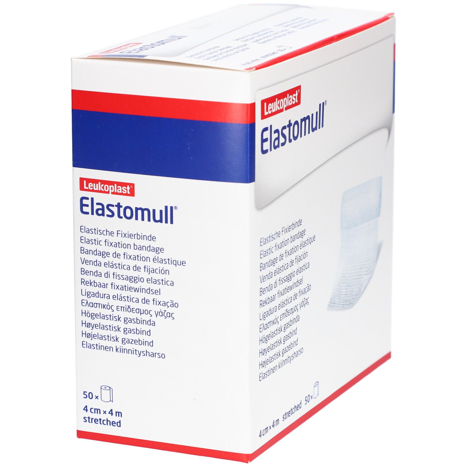 Weiße Verpackung mit "Elastomull"-Schriftzug. Enthält elastische Fixierbinde. Größe: 4 cm x 4 m. 50 Stück.