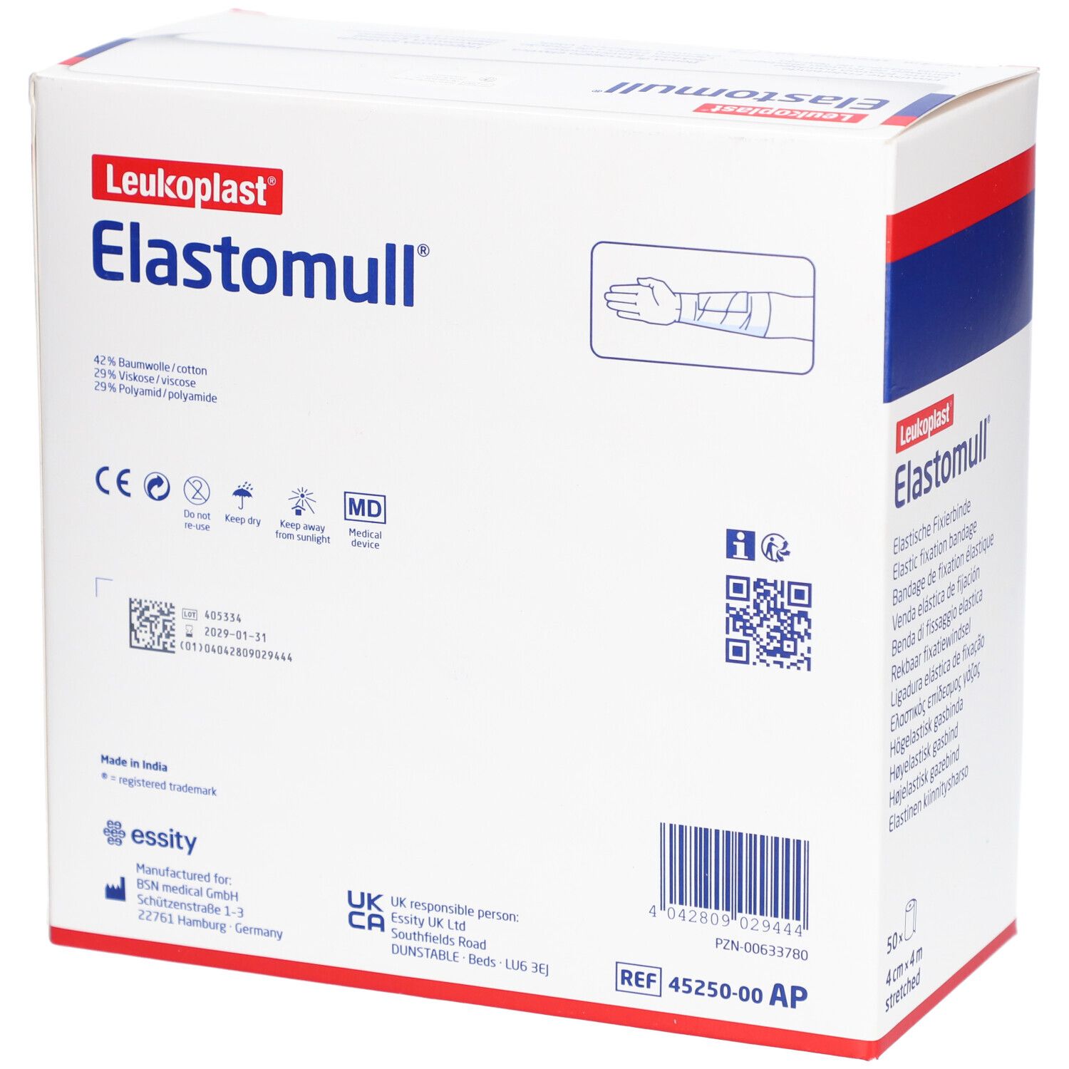 Verpackung "Elastomull" mit Inhaltsangaben und CE-Kennzeichnung. Enthält elastische Fixierbinde. Größe: 4 cm x 4 m. 50 Stück.