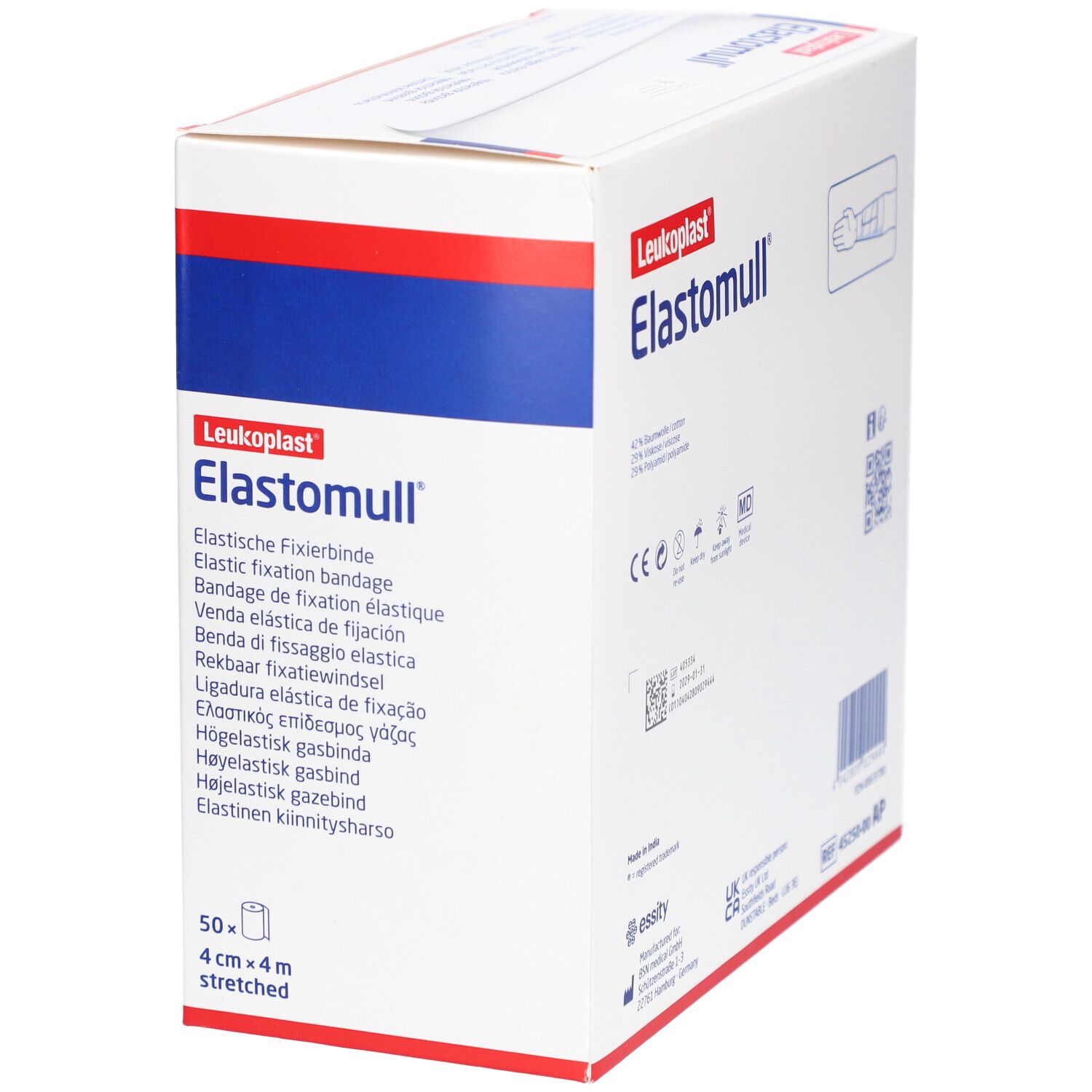 Weiße Verpackung mit "Elastomull"-Schriftzug. Enthält elastische Fixierbinde. Größe: 4 cm x 4 m. 50 Stück.
