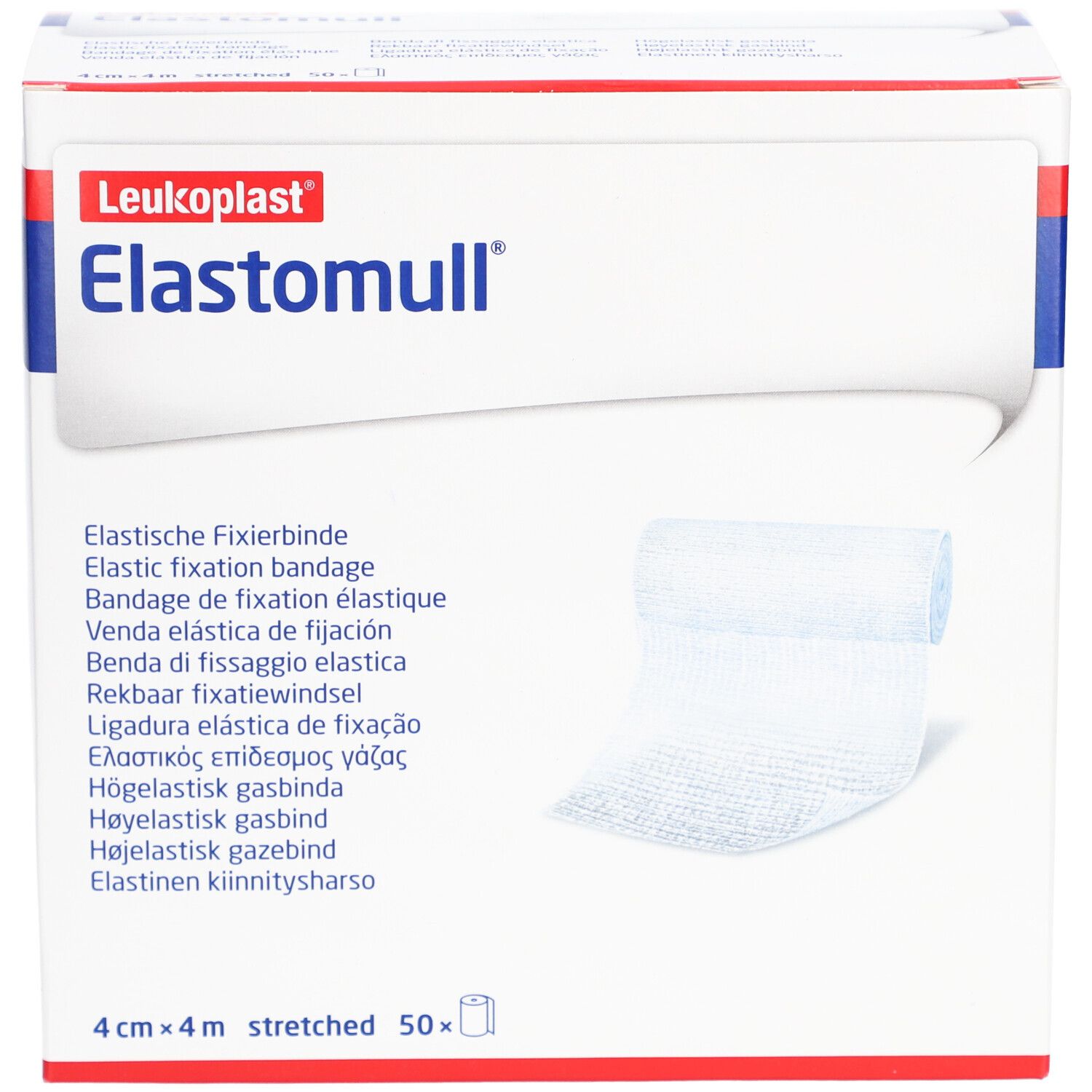 Weiße Verpackung mit "Elastomull"-Schriftzug. Enthält elastische Fixierbinde. Größe: 4 cm x 4 m. 50 Stück.
